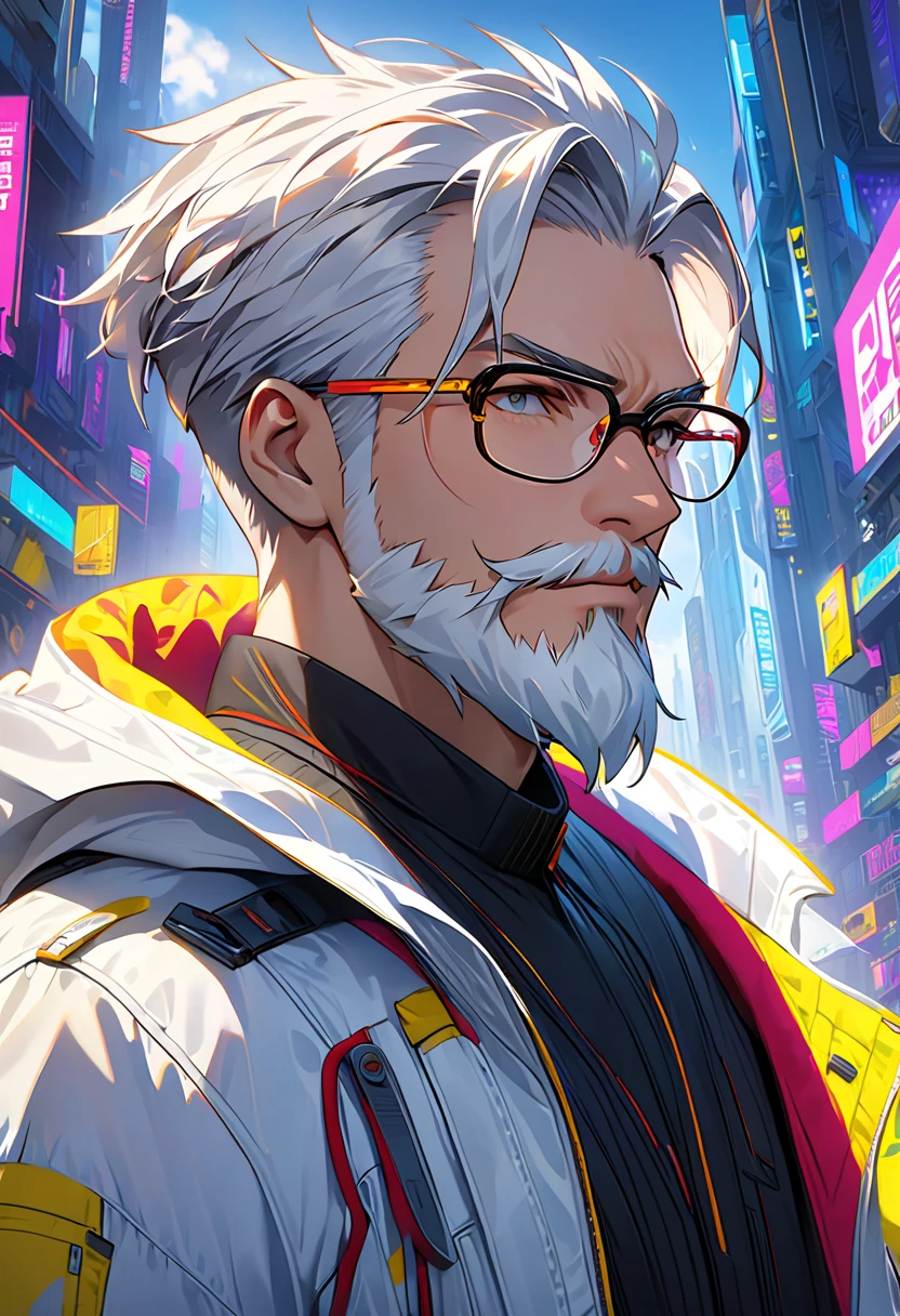 A cartoon image of a young man with white hair and sunglasses, um assassino adolescente ousado, official character illustration, digital character illustration, Retrato de corpo inteiro do personagem, Personagem altamente detalhado, desenhado em um estilo anime