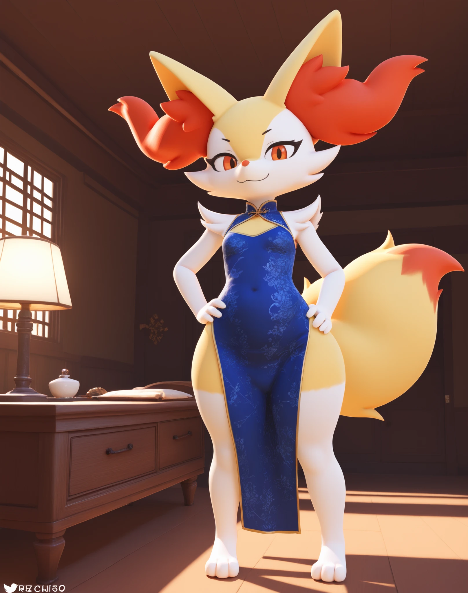 sozinho, score_9,score_8_acima,score_7_acima, Anthropomorphic female Braixen, pov, inside the house, thick thighs, standing, one hand on the hip, open legs, full body, convinced smile, piscar, 3D, chinese dress sensual