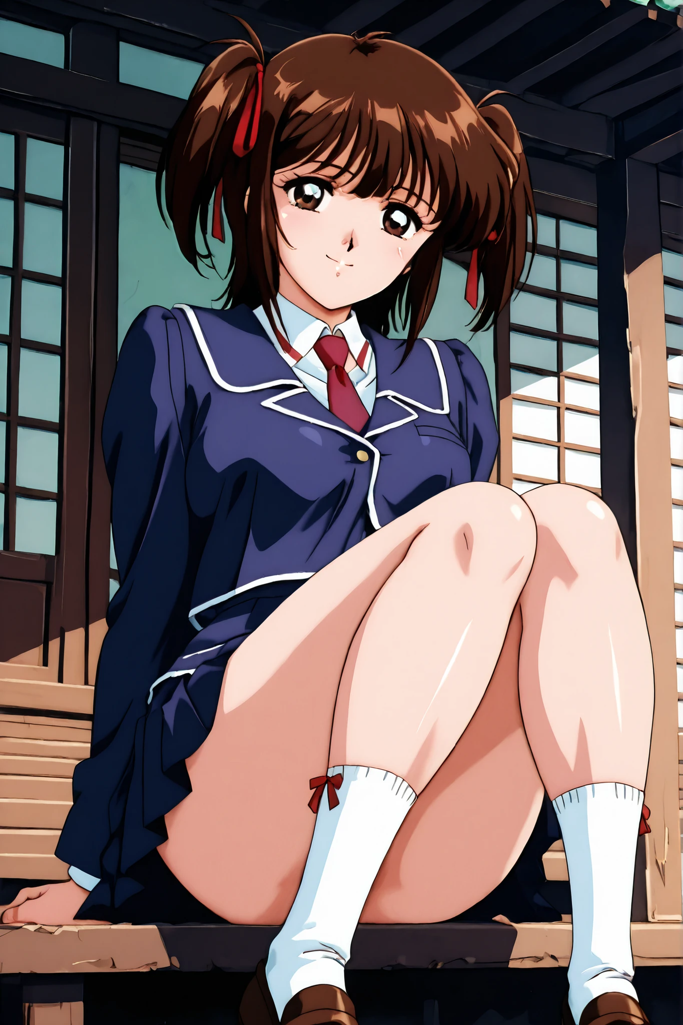 1 girl,kayo,masterpiece,best quality,amazing quality,perfect anatomy,anime coloring,retro art style,1990s /(style/),dark brown eyes,dark brown hair,shoulder-length medium hair,two side up,hair tied thin red ribbons,school uniform,dark blue blazer,long sleeves,thin short red necktie,dark blue short pleated skirt,white socks,loafers,whole body,cute kawaii,smile,shrine