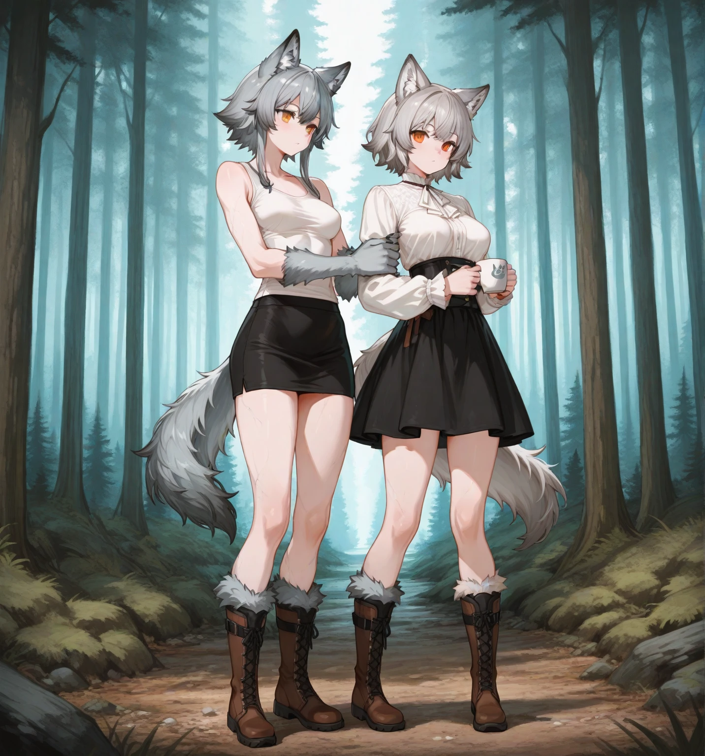 2 females, fox and wolf, furry, beastman, Animal hair, tail, first round, lead, topless, jeans, long pants, gloves, boots, on all fours, pee, Pissing