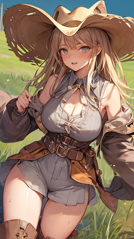 flat chests, nsfw, masterpiece, 1 girl, erect nipples, intricately detailed, topless, navel, bare shoulders, necklace, blonde hair, embarassed, scottish skirt, leather belt, mountainous horizon, mountains, lake, blue sky, extremely detailed, photorealistic, octane render, 8 k, unreal engine, bare breasts, nipples, aqua eyes, carrying spear, bare stomach, sweaty, people on background, oktoberfest, moist breath, child, arm strap, 1 side braid
