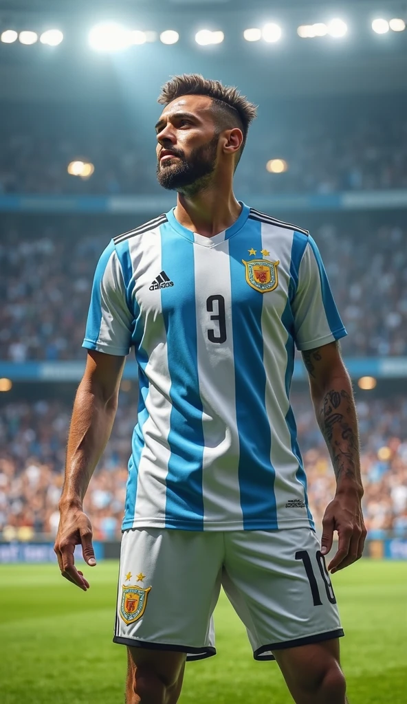 A very bearded, hairy, strong Iranian man wearing the El Salvador national football team uniform. He must wear a blue shirt with white details and the Salvadoran Football Federation shield on the chest.. The shorts must be white with blue details., and the socks, blue with a white stripe. His expression should be confident, e a pose, Stately, reflecting their strength and pride by wearing the uniform. Brazilian player shaking hands on the field at the stadium.wearing no shirt