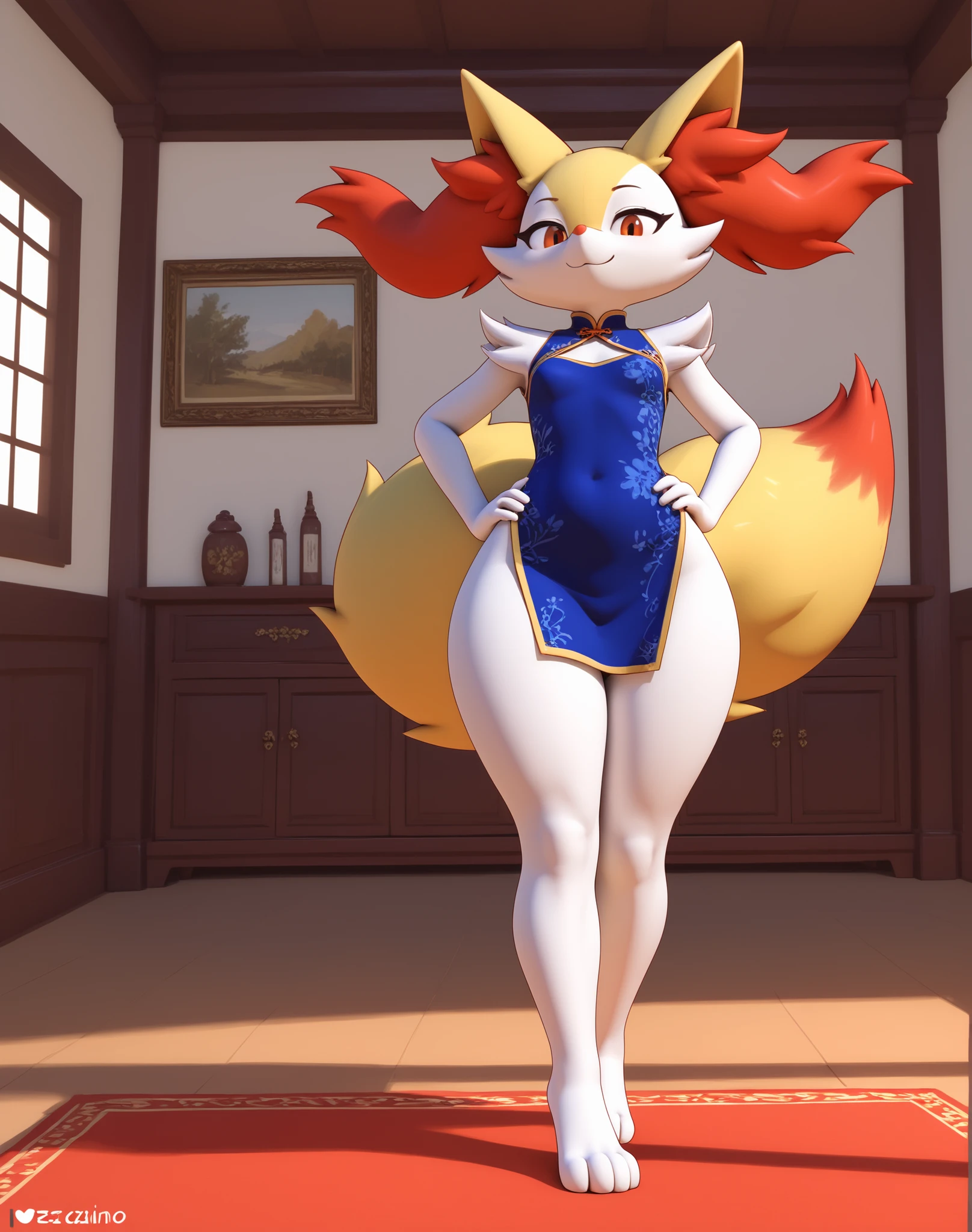 sozinho, score_9,score_8_acima,score_7_acima, Anthropomorphic female Braixen, pov, inside the house, thick thighs, standing, one hand on the hip, open legs, full body, convinced smile, piscar, 3D, chinese dress sensual
