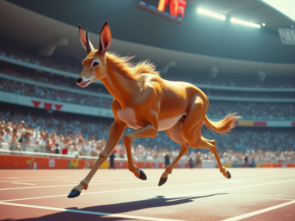 Many small animals on the track are running together in the race，Intense final sprint，Each animal is affixed with a entry number，There are rabbits.Doggy.pecora.catss.red fox.deers.Little donkey，Every animal is an extremely exaggerated movement，Exaggerated expressions，intense competition，High-speed synchronous photography，The picture reflects a sense of speed，Fast movement，Exaggeration，tmasterpiece，A high resolution，