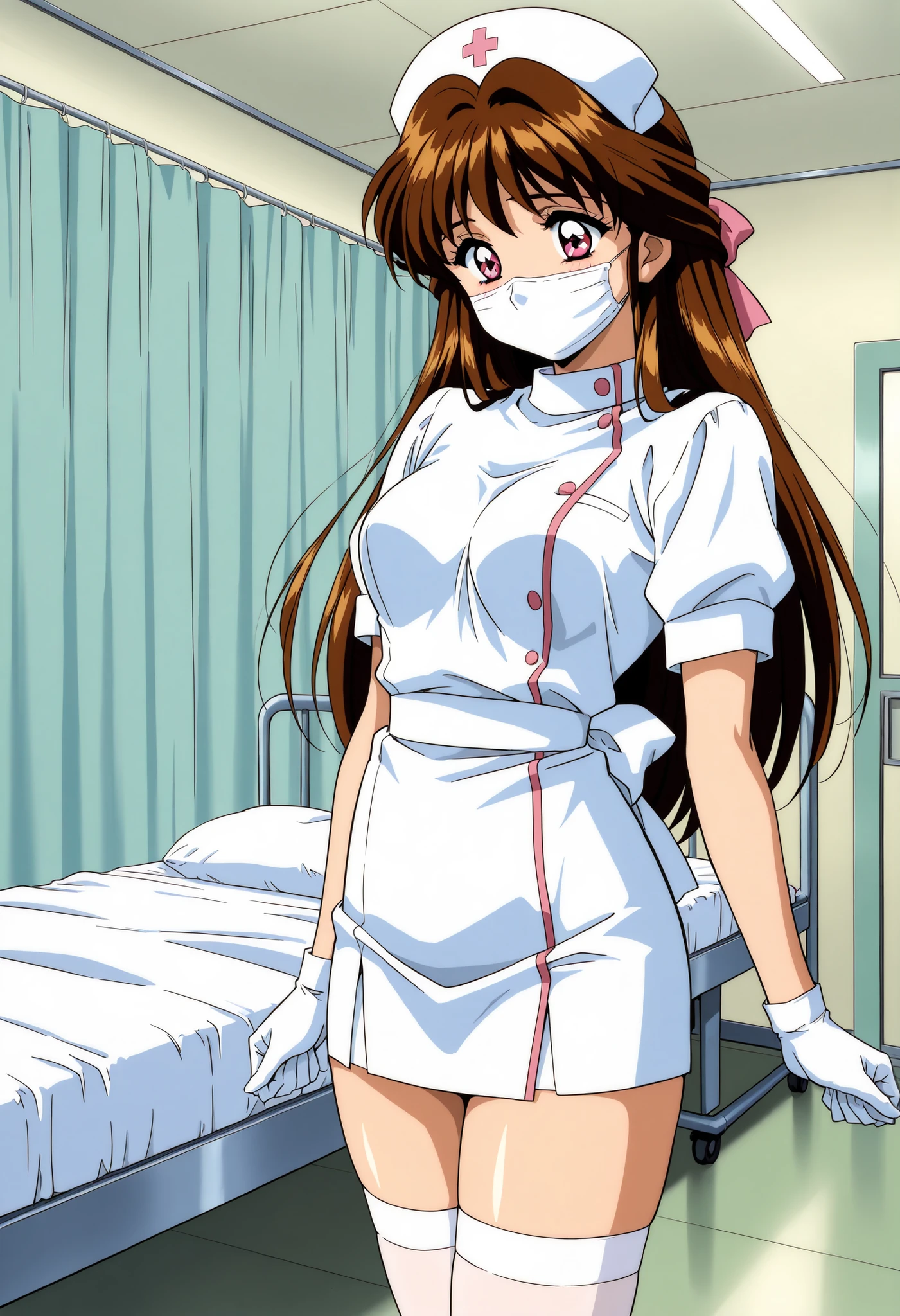 Score_9, score_8_up, score_7_up, source_anime, Minamizato_Ai(Anime), 1girl, solo, long hair, brown hair, pink eyes, bangs, hair ribbon, hair intakes, medium breasts, 1990s (style), anime coloring, (best quality), (high quality), {masterpiece}, extremely delicate and beautiful, ultra-detailed, beautiful detailed eyes, nurse, nurse hat, ((white nurse's outfit)), white gloves, white thighhighs, hospital room, ((white mask, mouth mask, covered nose)), standing