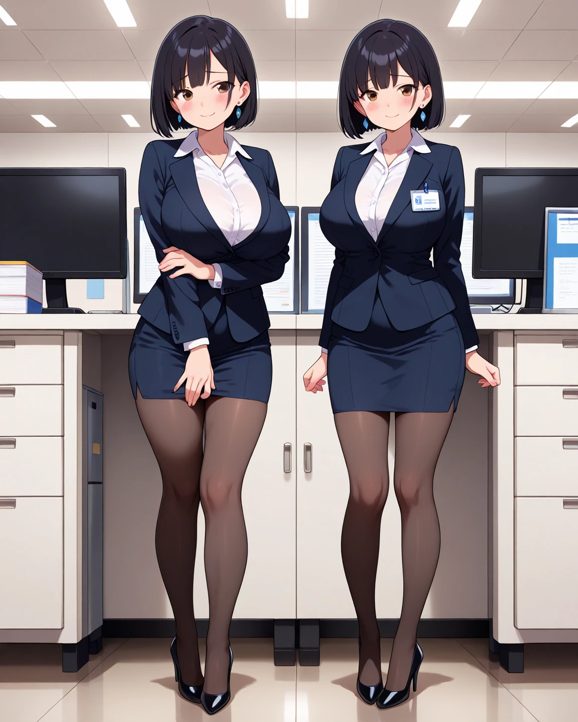 (solo 1 skinny girl standing in office:1.2), (swaying back), arched back, arms behind back, (business suits:1.3), black blazer, (bursting gigantic huge breasts:1.2), necktie, inconceivably thin waist, too short black skirt, thigh gap, highheels, nose blush, perfect anatomy, orgasm
