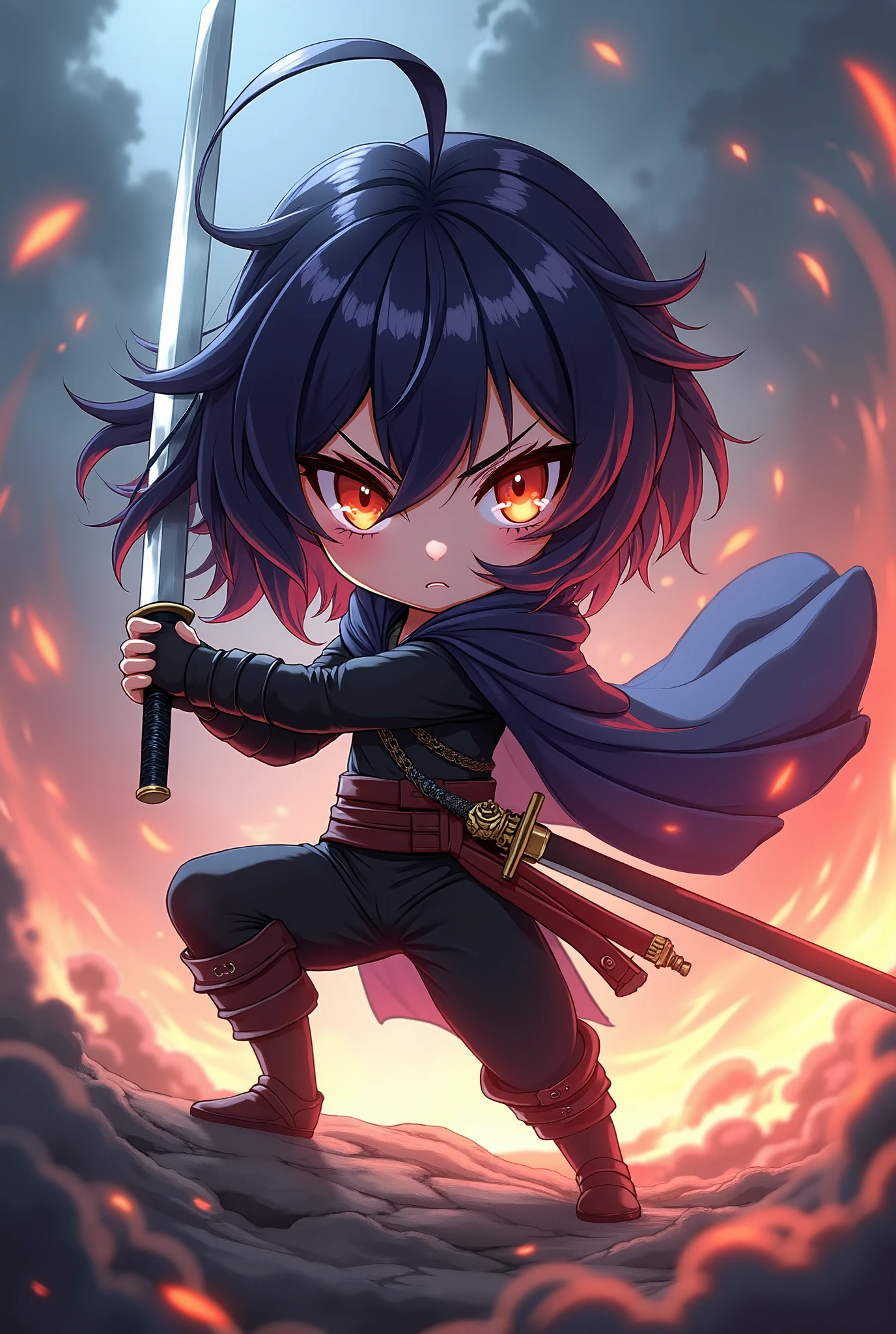 anime girl in black clothes holding a sword, advanced digital Chibi Art, battle pose, Swinging a Kunai, she has a katana , attack pose , Female Action Anime Girl, Touken Ranbu Video Game Characters, Chibi Art, Cool Poses, Cell painting art style , Epic Battle Fantasy Nathalie, Fighting pose, Anime Chibi