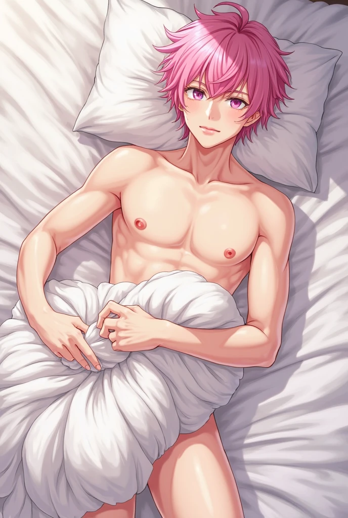 Solo, 1 male, pink hair, gold eyes, white shirt, a single tattoo on stomach, penis, cum, male body