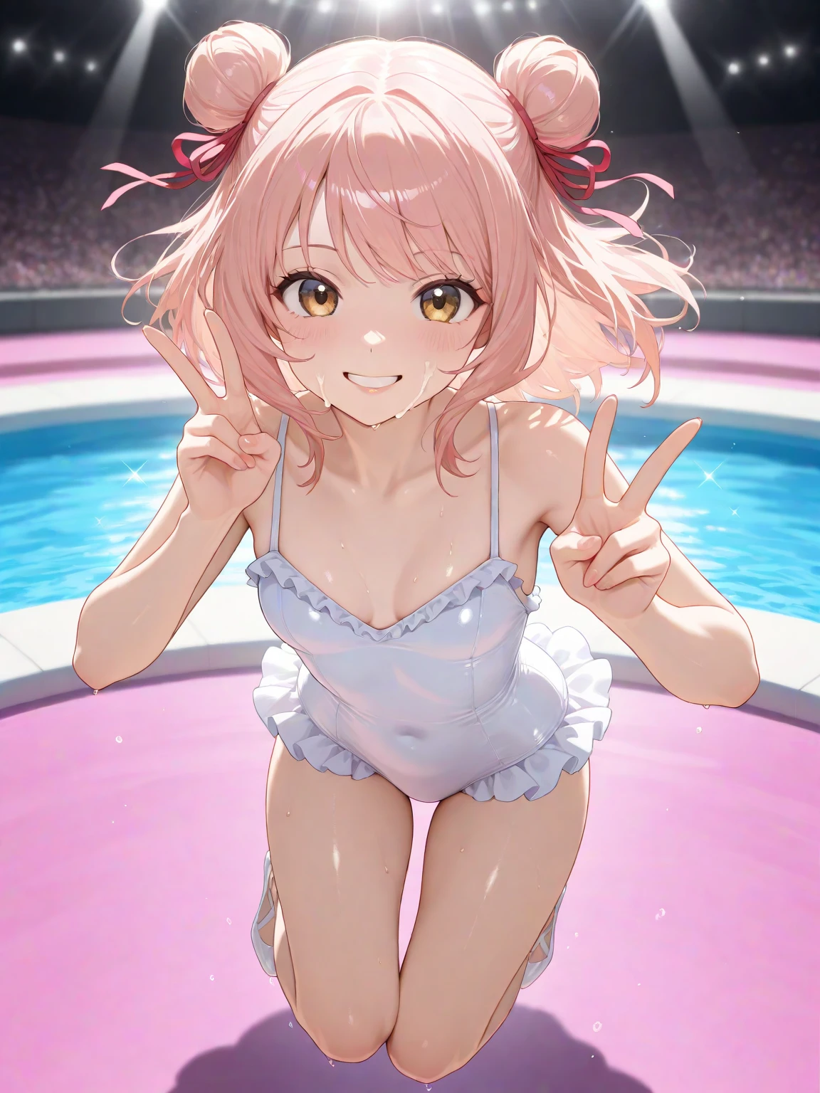 high quality, best quality, masterpiece, absurdres, kokoro akazaki, swimsuit, 1girl, smile, blush, <lora:kkr:0.75>, double_bun, long_hair, solo, wet, sunny, pink bikini, splash, pool, (arms_behind_head), small_chests, armpits, raised arms