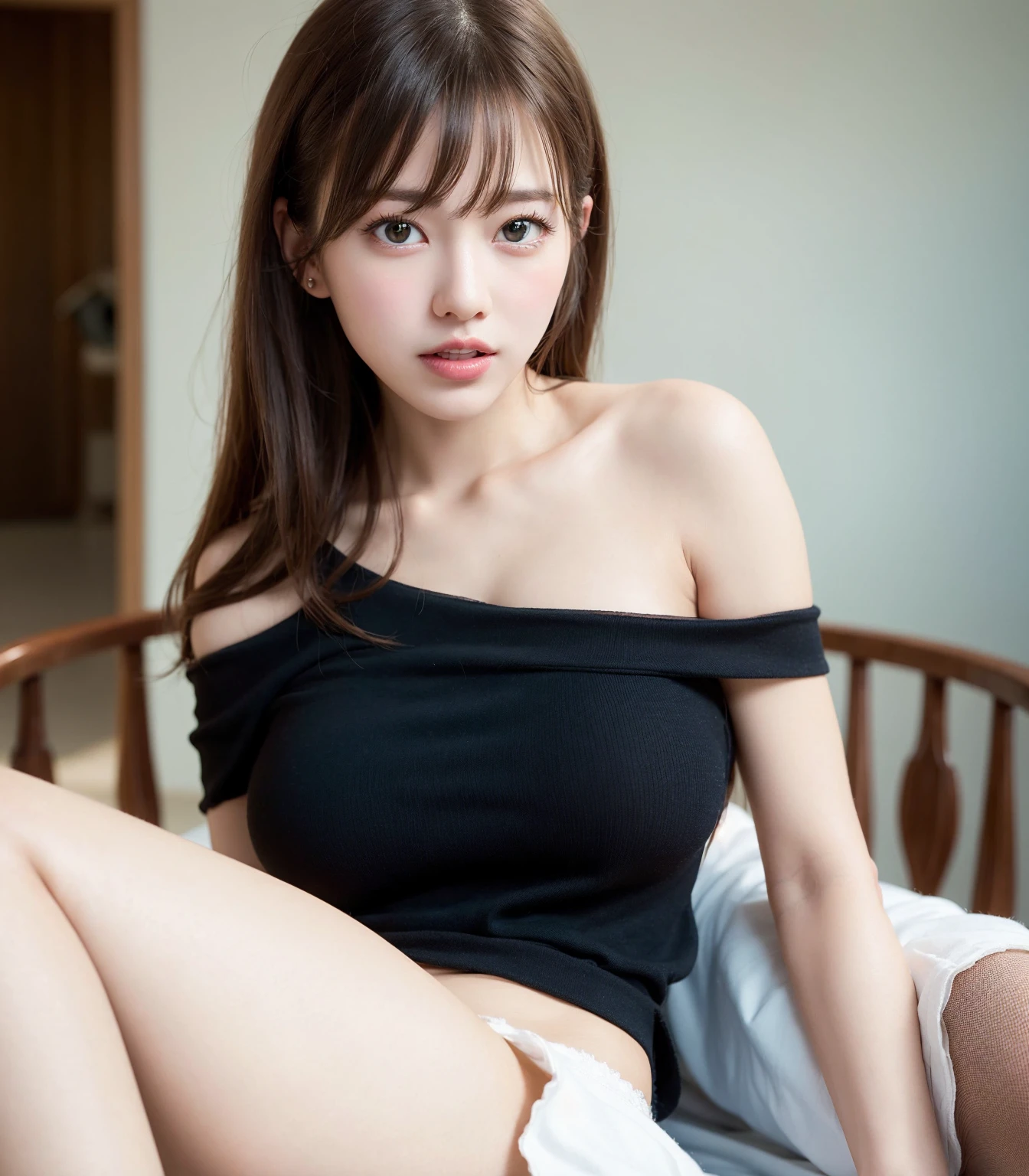 table top, highest quality, shape, Super detailed, finely, High resolution, 8k wallpaper, Perfect dynamic composition shape, beautiful and detailed eyes, straight hair, natural color lip, (on the bed, crawl on all fours, showing off cleavage), smile, Shibuya Ward, 20 year old girl, cute, sexy shot looking at camera, hair blowing in the wind, long sleeve sweater dress, narrow side, slender body, RAW photo, living room, self snap