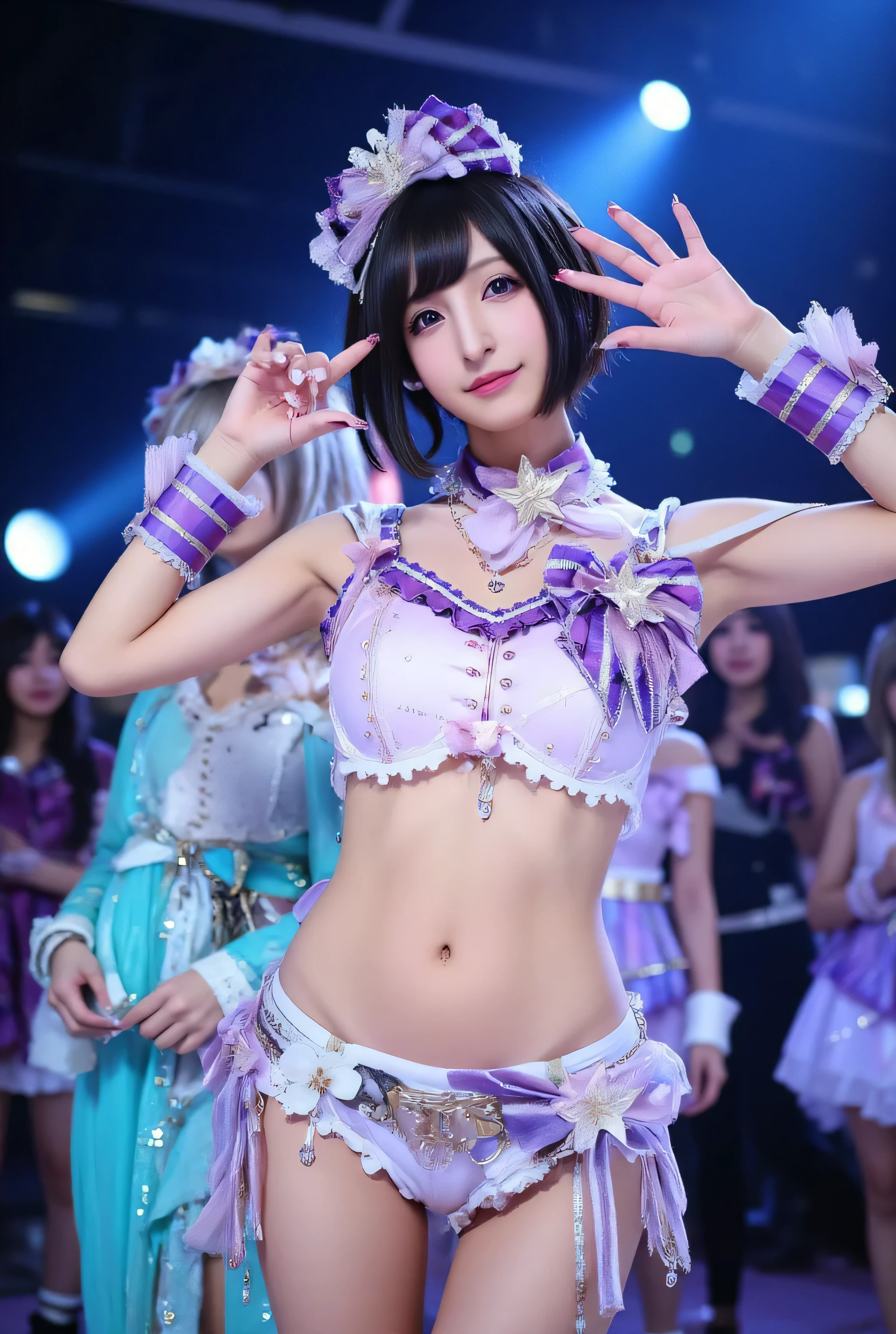 Illustration, cinematic light, high resolution, best quality, ultra detailed, detailed face, (detailed eyes), highest quality, ultra detailed, masterpiece, Nagi Inoue, 1girl, solo, (detailed face), pretty face, best smile, (raise the corners of the mouth), sexy mature woman, sexy idol costume, (See-through, ultra-detailed embroidery and ribbons, idol outfit: 1.5), ruffled miniskirt, choker, NSFW, high heels, brown eyes, neon small shiny hair edges, AI fantasy concert, glowing lighting with neon details, idol, (live stage: 1.15), (holding the microphone with left hand singing: 1.5), singing with butt sticking out: 1.5, (to a packed audience in the background), light reflection, heart-shaped iris, playful eyes, open shoulders, (wet body), small shining butterfly, hair jewelry, panties, (string panties:1.5), Nogizaka, Japanese idol, Gravure Idol, Look this way,