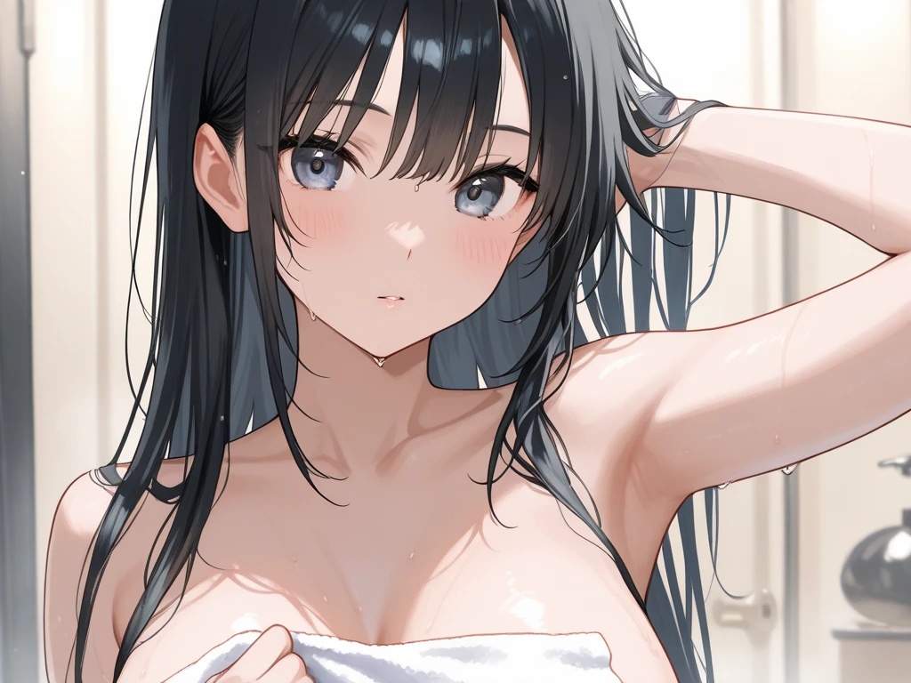(((masterpiece))), (((highest quality))), (((super detailed))), (((super detailed))), (((high resolution))), (((illustration)) ), 1girl, 19years old, Backlit, pubic hair, portrait, shiba miyuki, (Straight Hair, long hair, Straight long hair, black long hair, blunt bangs, detailed Blue eyes, eyes highlight,), snowflake hair ornament, ideal ratio, ideal ratio body proportions, detailed beautiful face and eyes, very detailed background, (an extremely delicate and beautiful), (nice hands, perfect hands), (appropriate posture), (appropriate configuration),(masterpiece, best quality:1.2) BREAK nsfw, ((1girl)), solo, medium breasts, beautiful nipples, (contrapposto:1.3), dynamic angle, from below, depth background, (sexy happy style:1.3), cleavage, parted lips, 1girl, warm smile, medium breasts, navel, completely nude, blush, wet skin, wet, wet hair, taking a shower, head tilted back, closed eyes, bathroom, shower, hot, steam, water drops, BREAK Wash basin, wooden floor, indoors, beautiful_hair, beautiful_eyes, cute_face, beautiful_face, pretty_face, beautiful, best_quality, good_anatomy