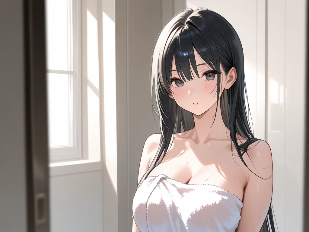 woman、From the side、Sideboob、Black Hair、White tank top、G Cup