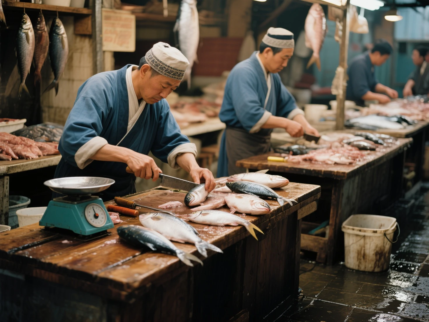 Fishmonger Training Gentlemen at a fishmonger working - SeaArt AI