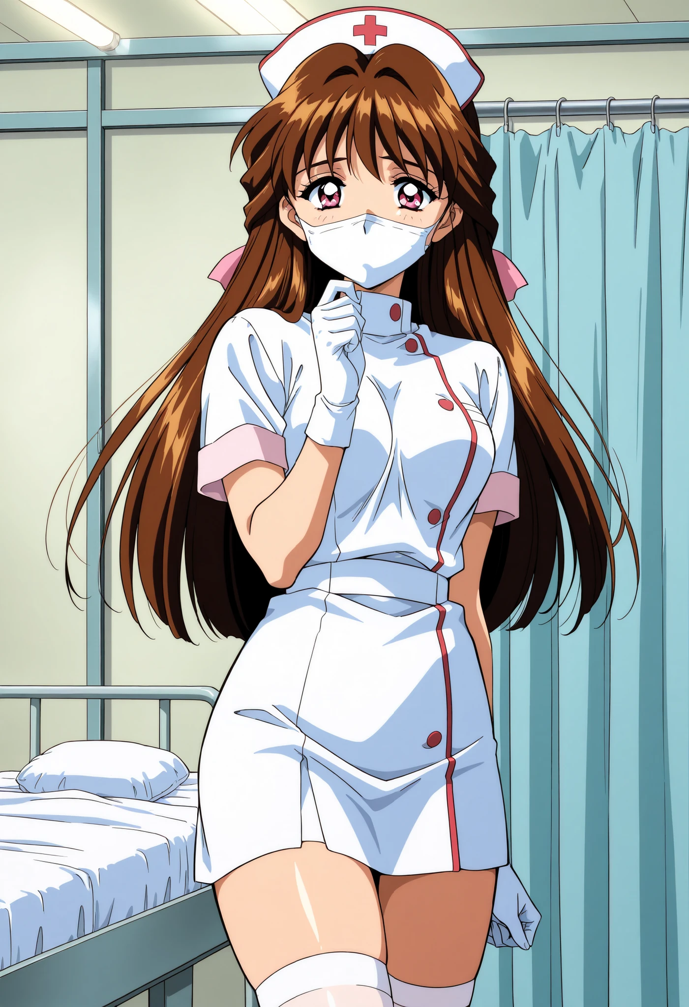 Score_9, score_8_up, score_7_up, source_anime, Minamizato_Ai(Anime), 1girl, solo, long hair, brown hair, pink eyes, bangs, hair ribbon, hair intakes, medium breasts, 1990s (style), anime coloring, (best quality), (high quality), {masterpiece}, extremely delicate and beautiful, ultra-detailed, beautiful detailed eyes, nurse, nurse hat, ((white nurse's outfit)), white gloves, white thighhighs, hospital room, ((white mask, mouth mask, covered nose)), standing