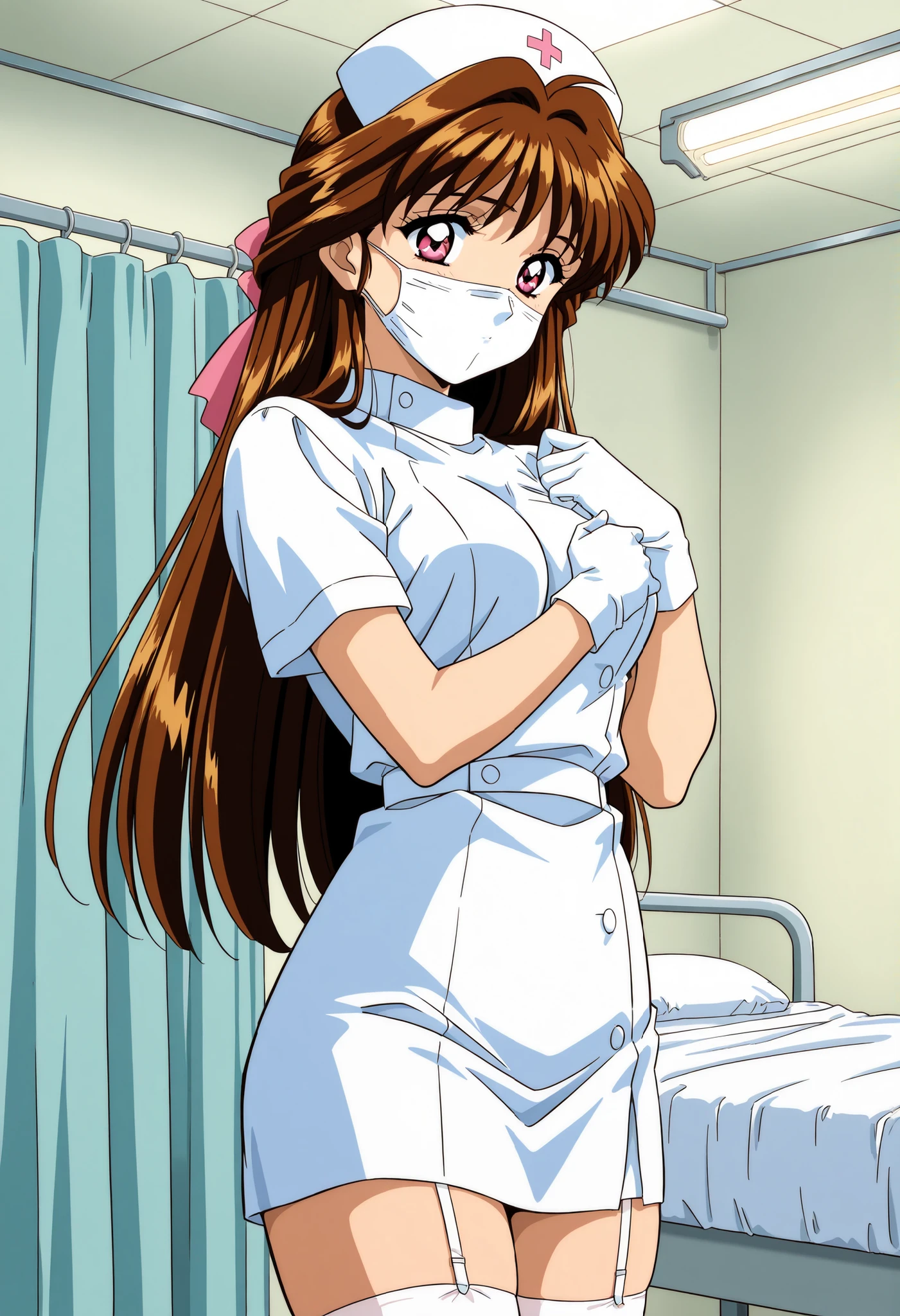 Score_9, score_8_up, score_7_up, source_anime, Minamizato_Ai(Anime), 1girl, solo, long hair, brown hair, pink eyes, bangs, hair ribbon, hair intakes, medium breasts, 1990s (style), anime coloring, (best quality), (high quality), {masterpiece}, extremely delicate and beautiful, ultra-detailed, beautiful detailed eyes, nurse, nurse hat, ((white nurse's outfit)), white gloves, white thighhighs, hospital room, ((white mask, mouth mask, covered nose)), standing