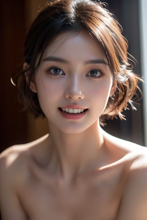 ((8k, highest quality, masterpiece、Realistic、Ultra-high resolution))、((Japanese women))、((Black Short Hair))、(Small breasts)、((thin thin eyebrows))、(((A mole in the corner of the eye)))、((Face is golden ratio))、smile、((Beautiful Face))、Beautiful Eyes、Delicate face、Toned waist、Beautiful Naked、Beautiful breasts、Full Body Shot