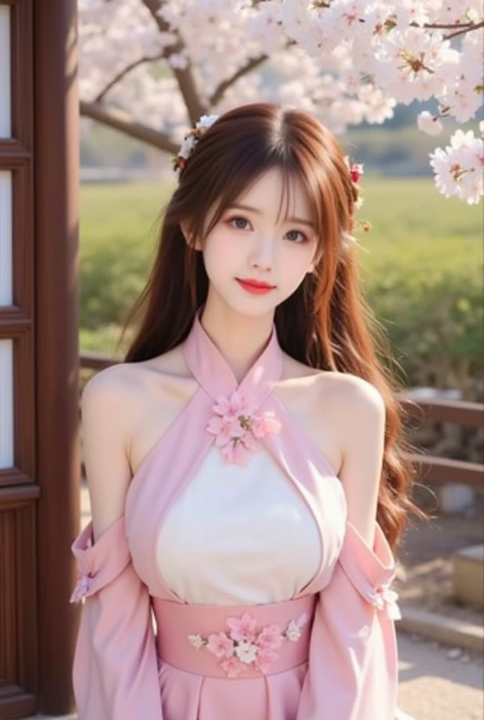 1 girl, (Ulzzang-6500:0.7), K-POP idol, yae miko, removed sleeve, bare shoulders, pink hair, long hair, kimono, highest quality, (painting:1.5), (hair ornaments:1.35), jewelry, purple eyes, earrings, chest, torii, cherry blossoms, lantern light, Depth of bounds written, detailed face, face focus, ribbon_trim, (looking at the viewer:1.25), non-traditional shrine maiden, shiny skin, long sleeve, smile, thick lips, game CG, put your hand on your lips, east asian architecture, (blurred background:1.2), sitting, Upper body,pussy