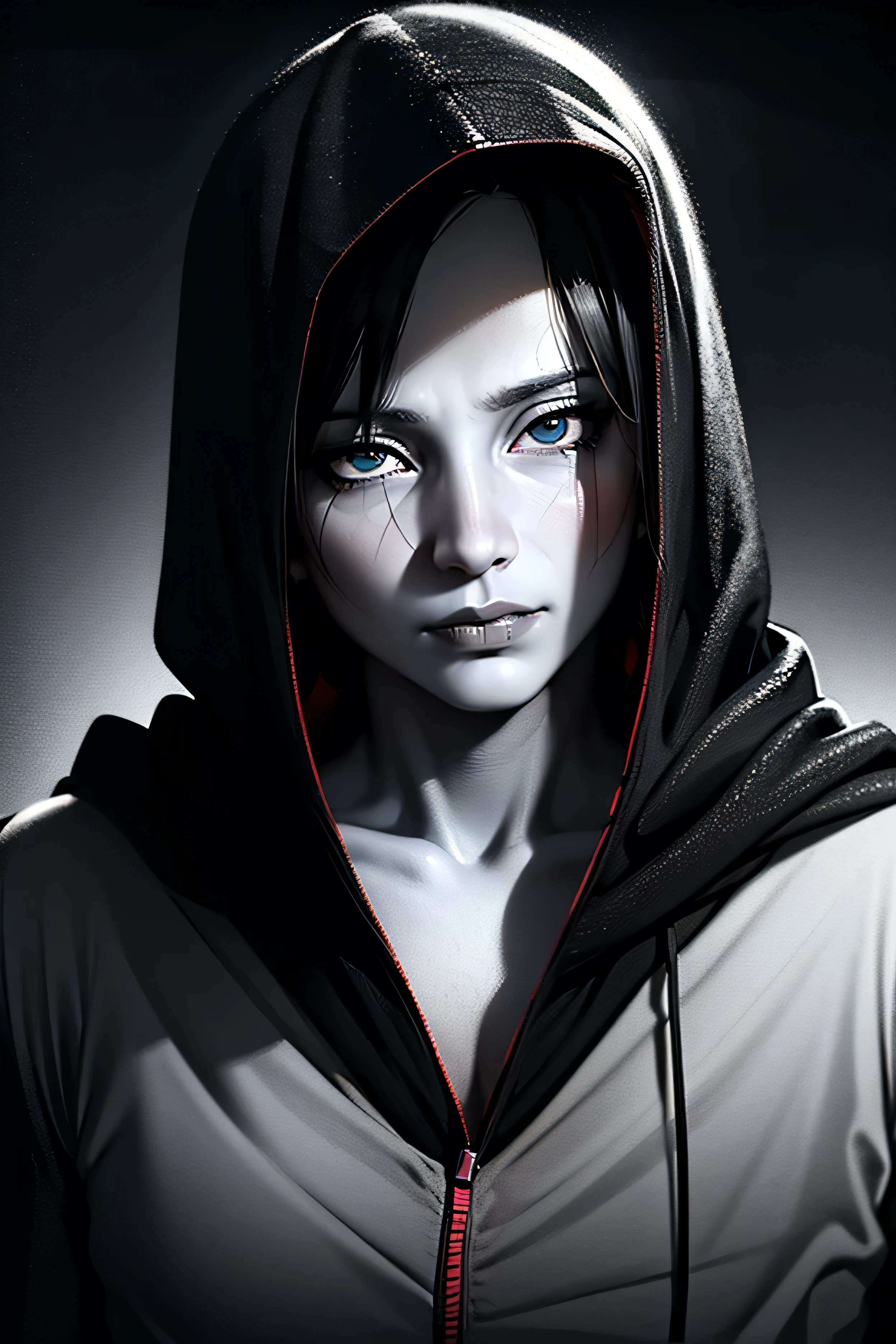 Sith woman with a black hood, very long black hair with gray hair, realistic portrait, detailed face, pale skin, Piercing Eyes, grim expression, slender figure, undulating layer, dark background, gloomy tones, dramatic lighting, Cinematic Style, oil on canvas, 8K, Ultra detailed, studio lighting, physically based rendering, rich colors, bokeh