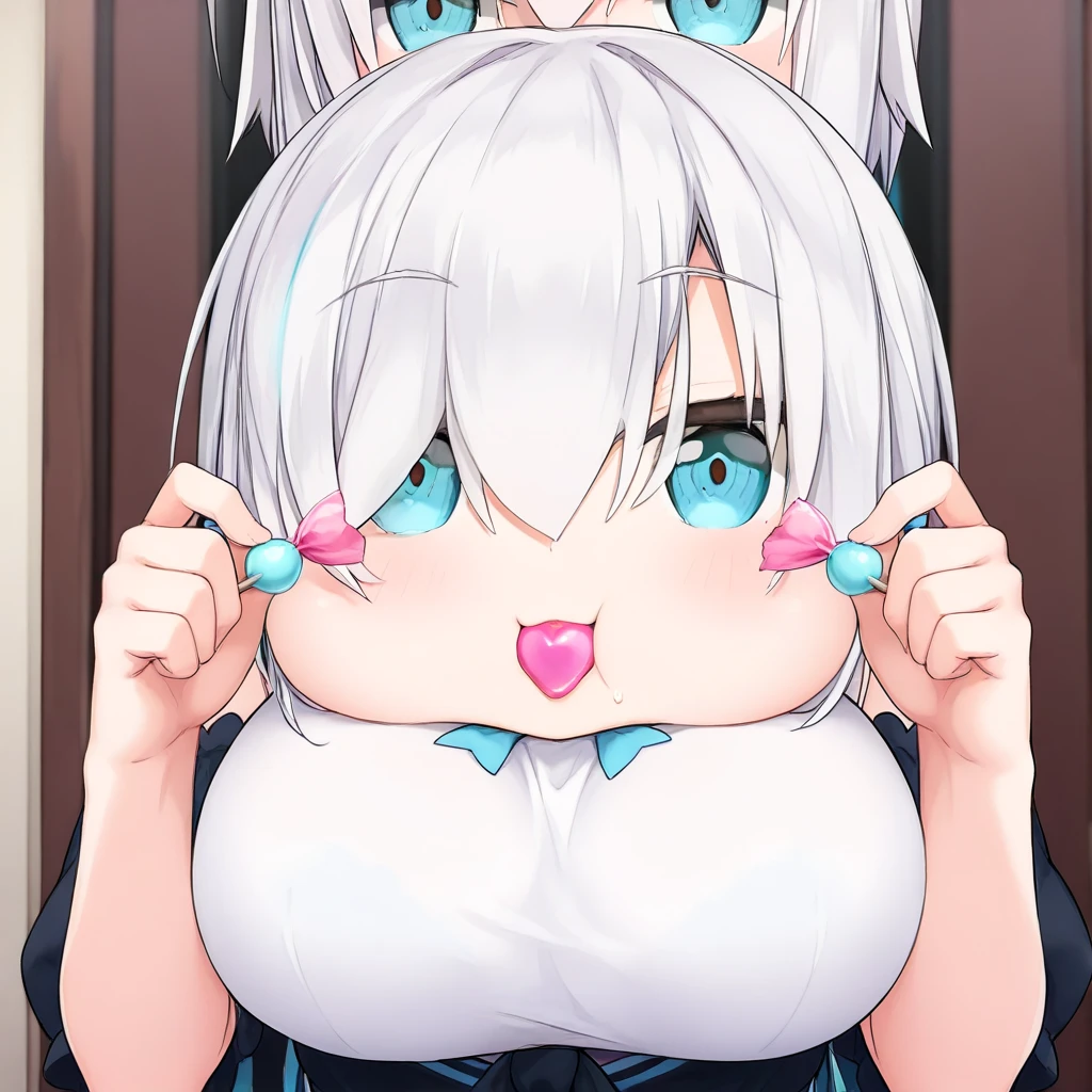 2person ,1girl, 青い髪, ツインテール, 目の間の毛, hair bow, eyebrows visible through hair,nipple, nsfw, 1man’s face, {{{man suck nipple, man lick nipple}}}, tongue touch nipple, orgasm, portrait, best quality, very aesthetic,