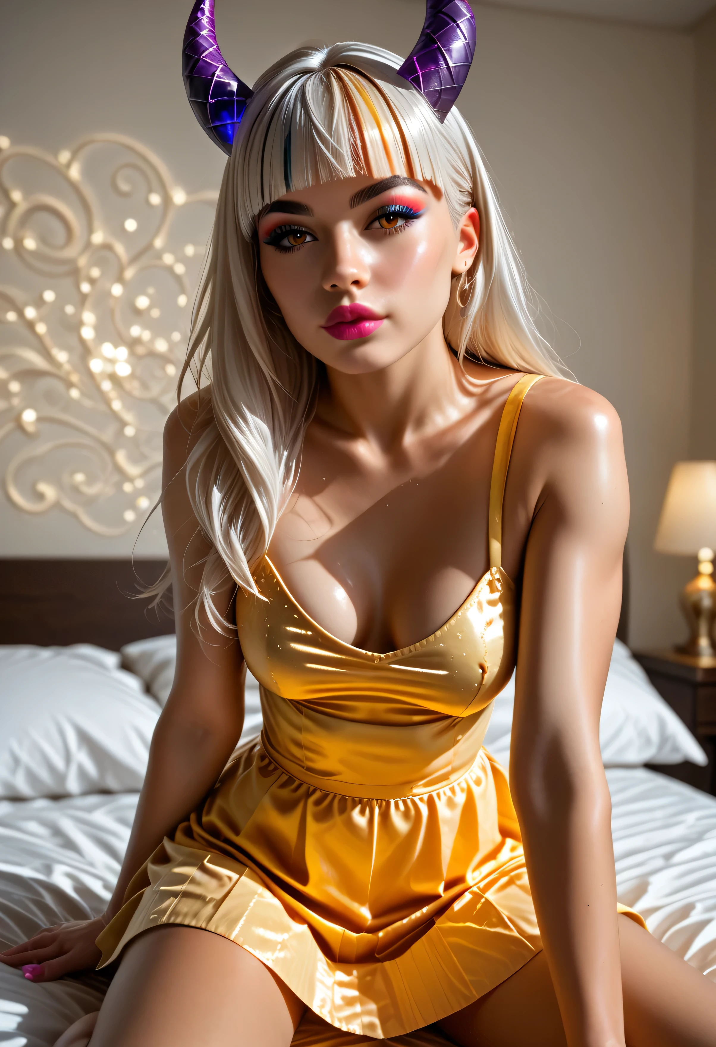 nsfw、mysterious idol、lipgloss、bright smile、looking at the camera、(gothic makeup)、(long lashes)、(sexy pose)、full body、kneeling on a bed、shiny sparkling very large necklace（neon gold)、naked medium breasts、shiny glossy latex tight mini skirt（neon gold)、long stylish hair（(platinum blonde))、long fuchsia fluffy fur coat with white fluffy fur（neon fuchsia)、conceptual art, High quality, Realistic, extremely detailed CG unified 8k wallpaper, highly detailed, High-definition raw color photos, professional photography, Realistic portrait, Cinematic Light, Beautiful detailed, Super Detail, high details, (((Bokeh))), depth of fields, illumination, large sparkling neon hotel room, Super stylish lighting