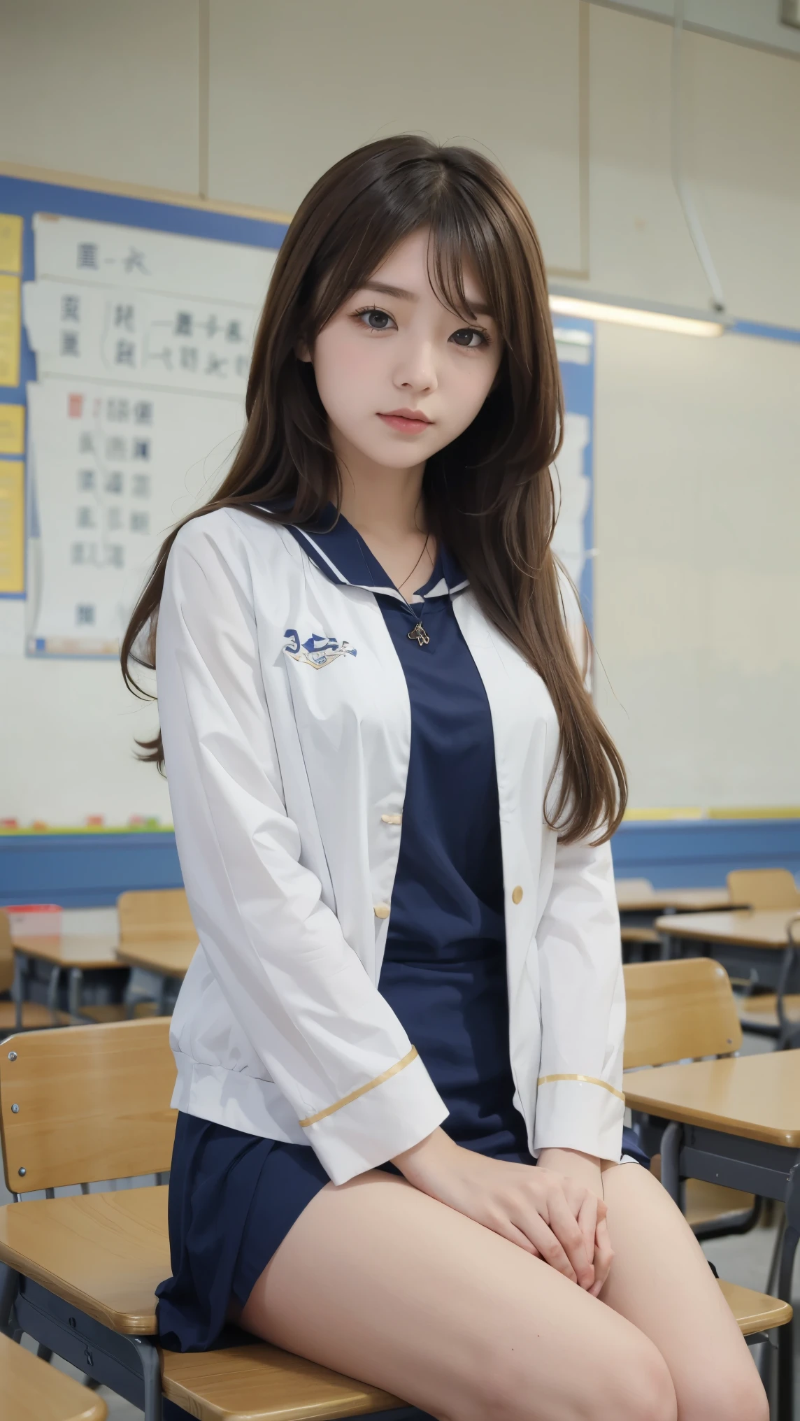 high school girl。sitting in a classroom at school。study。Sailor Suit。日本人