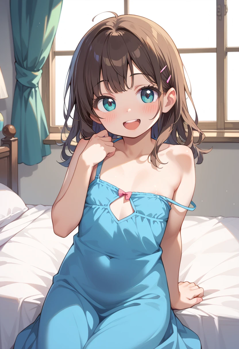 (masterpiece, top quality, best quality, official art, beautiful and aesthetic:1.2),ultra-detailed,intricate details,amazing illustration,award-winning art,atmospheric,
BREAK 1 beautiful girl, ( girl),Solo,(Cute:1.5),(Chibi:0.6),(kawaii:1.5),(Lori:0.5),BREAK,1 beautiful girl, (17 years old detailed, colourfull, highest details, BREAK, (Huge breasts: 1. 2), Clear skin, Beautiful skin, Shy skin, 1 beautiful girl, (Brown hair:1.75), (Cat ears, Ponytail, medium-Long hair: 1. 2), (Light blue eyes, long eyelashes, Double eyelids: 1. 2),Solo,gleaming skin, Clear skin, Beautiful skin,(best quality face),(Top quality glowing eyes),(The best smile,:D:1.45), nose blush, sleepy, grin, open mouth,
BREAK,arms below breasts,
BREAKpajamas, solo, chibi, beautiful detailed eyes, sitting on the floor next to the bed, (((surprised))), child's room, bedroom, ((splead legs)), winter morning, window, blanket, panty,
BREAK,wakame,wakame,wakame,(dynamic pose,dynamic angle:1.4), from below,
BREAK,(Blurry background:1.3),(absurderes, hight resolution, Super Detail Art),cel shading,Clear Color, Lonely optical effect, Beautiful pictures, Bright glow, mystic atmosphere,(Close-up of girl:1.1), Mystical light particle effect,manga influence, clean line drawings,