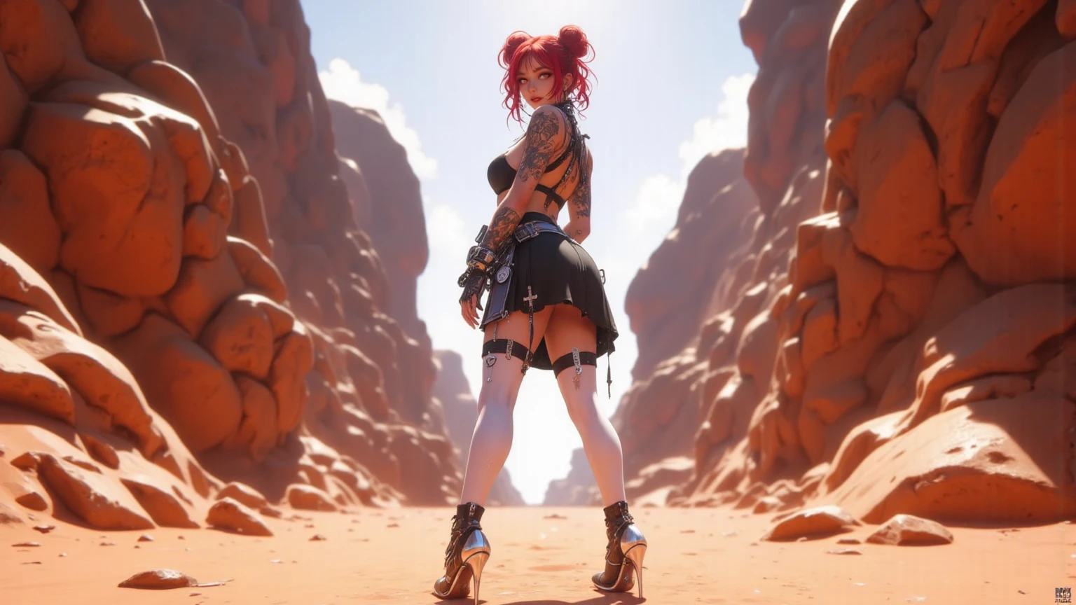 A red-haired warrior, standing backwards, wearing plate armor, Steel gauntlets, steel gloves and steel breastplate, Looking back, wearing a short skirt, red skirt, witheout panties, big sexy ass stuffed, steep, round, showing pussy, pussy appearing from below, (up skirt), medieval fantasy, d&d, RPG, Masterpiece artwork, best qualityer, 8K, quase nua