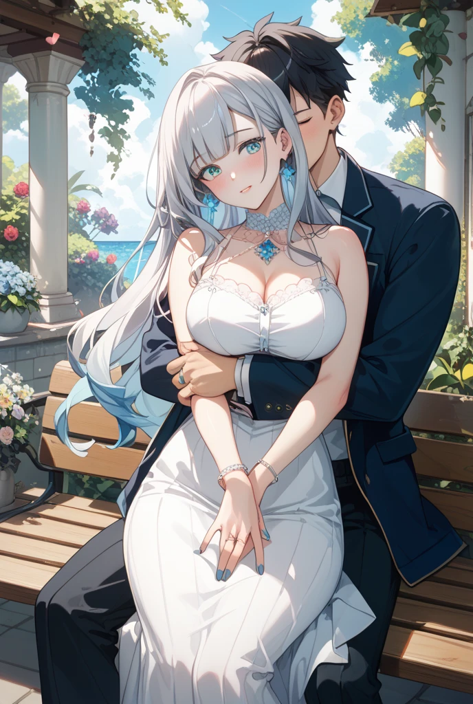 NSFW、A man and a woman having sex on a bed、A man inserting his penis into a woman、Semen is spilling from her crotch、lingerie dress、garter belt、I can see your chest、Silver hair and blue eyes、Long, fluffy wavy hair、Braiding、Men in suits、On a canopy bed