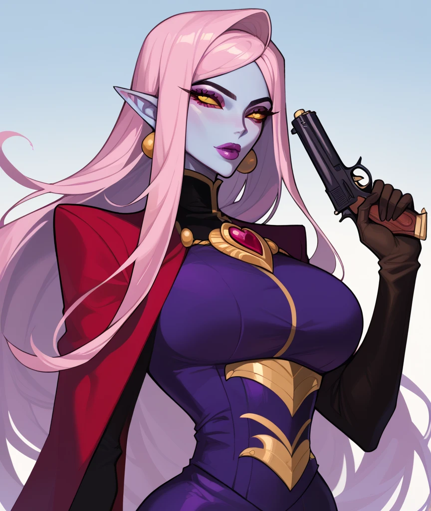 masterpiece,best quality,<lora:sylvanas_windrunner:1>,sylvanas windrunner, 1girl, undead, red eyes, solo, elf, looking at viewer, skull, blonde hair, upper body, parted lips, pauldrons, hood up, gauntlets, red hood, long hair, blue skin, purple skin, large breasts
