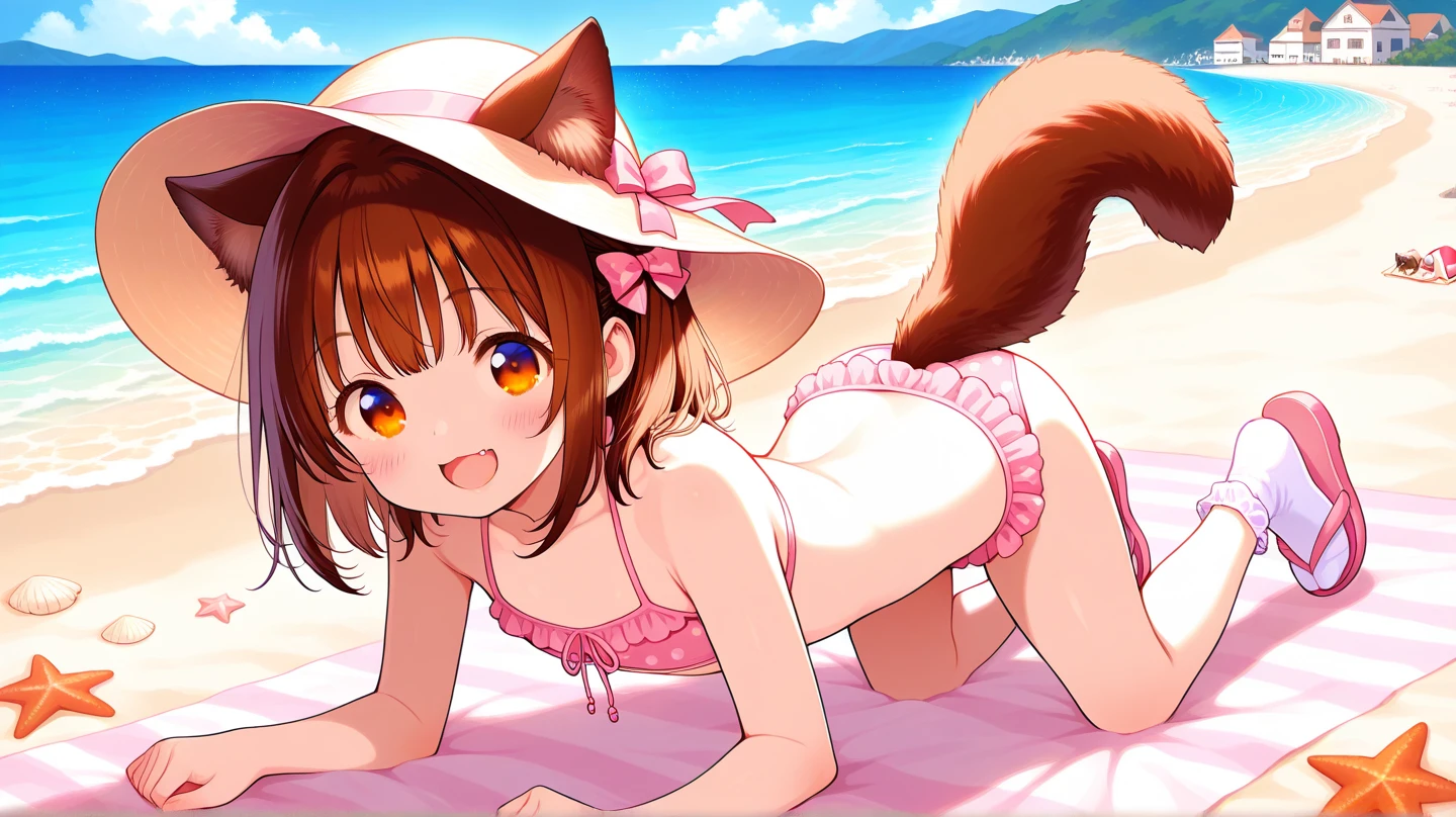 masterpiece, highest quality, Aerith Gainsbourg, pink bikini, Ruffled skirt in pink color, (fox ears:1.3), (fox tail:1.3), hair ribbon, looking at the viewer, leaning forward, smile, closed mouth, beach, The best sunshine