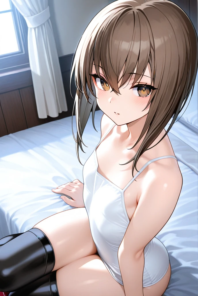 One girl,((yue)),smile、Gentle expression、Welcome、The whole body is shown、Sexy pose、Hotel、bed、Sexy underwear、Her underwear is visible、Soaking wet、Sitting、Leg spread、from below,A complete depiction of the human body,masterpiece, Highest quality, Game CG, ultra detailed、highres、extremely detailed CG