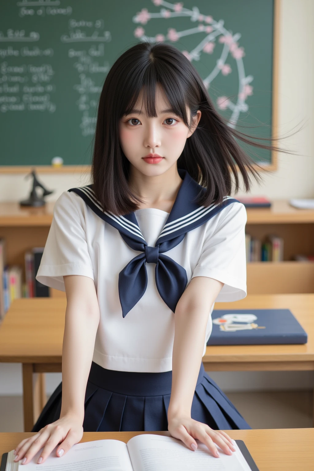 A 14-year-old junior high school girl with long black hair wearing a sailor suit..