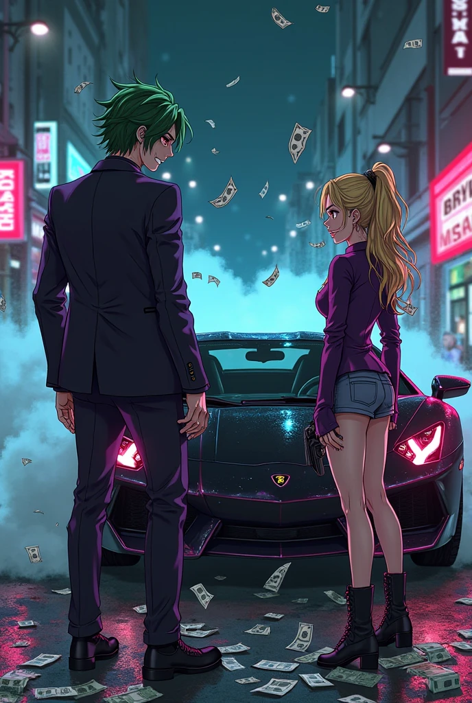 There it is ((full body):2) {((1_mulher_e_1_homem):1.5)}.\n {1woman}: (wearing a black suit.) :1.2),((shimmering blue eyes, short green hair)1.2), (getting out of car):1.3), (calm look 1.3),\n {1man}: **braided black hair):1.3) he's getting out of a car by):1.2) anime, anime-style, 16k, ((best quality, high details):1.4), masterpiece, UHD