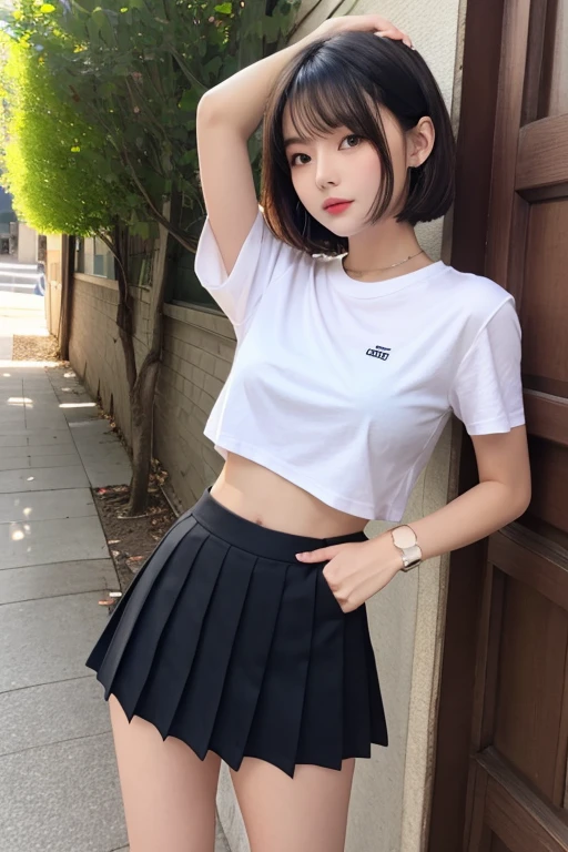 Very cute face、smile、、girl、Fluffy long hair、Beautiful legs、Beautiful body、Thin legs、White skin、Black T-shirt、Black mini skirt