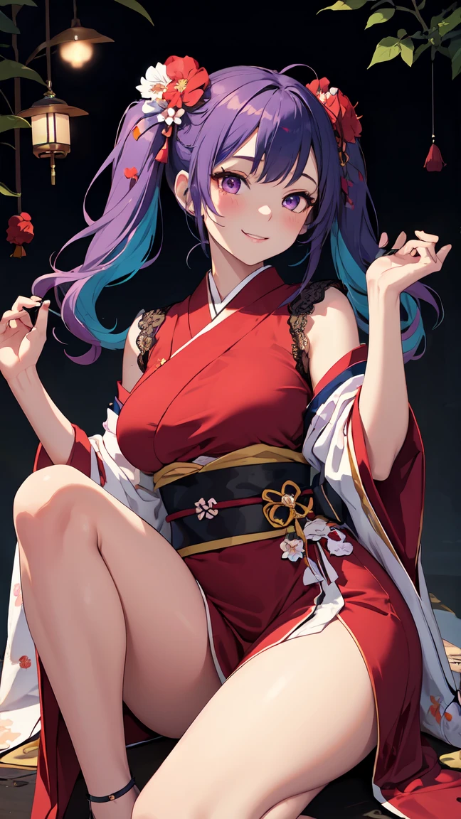Anime - Style image of a beautiful girl in Hanfu, (multicolored hair 1.1), (sitting on bed 1.3), wearing cat ears on her head, Shi Tao's anime manga, pixiv, fantasy art, seductive anime girl, cute anime gaifu wearing beautiful clothes, guvez on the pixiv art station, from the girl front, popular on the ArtStation Pixiv, Guweiz on the ArtStation Pixiv on the ArtStation on Pixiv