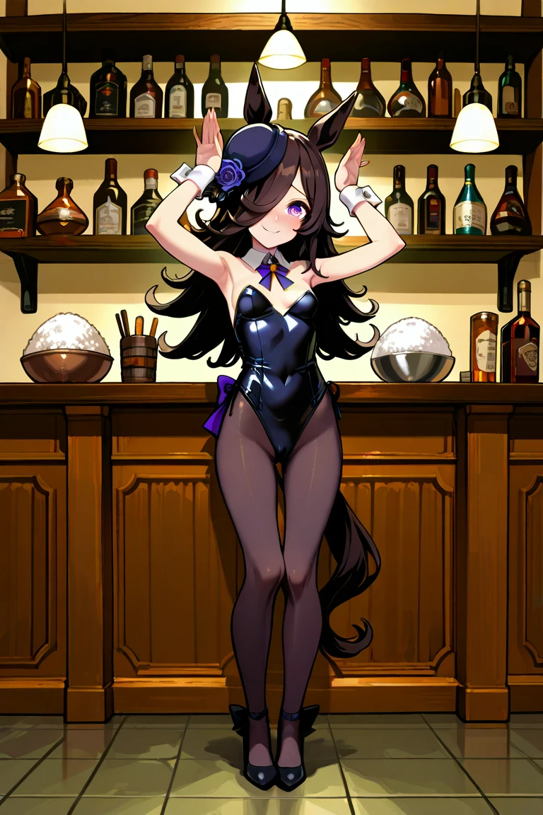 Starlight Glimmer, Starlight Glimmer from My Little Pony, Starlight Glimmer as Girl, Long Hair, Luxurious Hair, Lush Hair, Evil grin, Fight, Fighting stance, In a bar, Full body visible, Big Breasts, Bulky Breasts, Lush Breasts, Playboy bunny, bunny tail, bunny suit, bunny ears, leotard