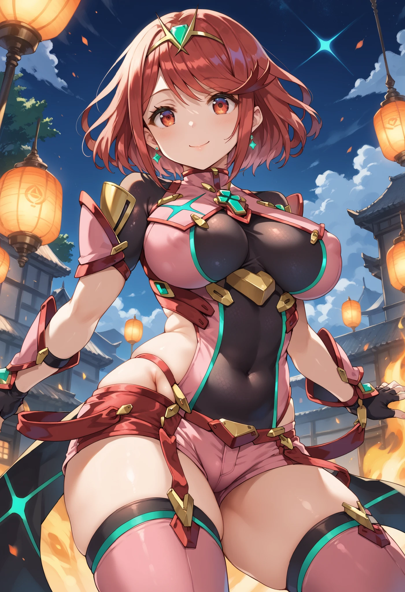 cowboy shot,(looking at viewer),hoshikawahikayu,red china dress,thighs, kneehighs,pink hair,half twintails,hair ribbon, seductive smile,open legs,(from below, foot focus, shot from side:1.1),masterpiece,Noise Reduction,perfect anatomy,high resolution, ultra-detailed,game cg,dutch angle ,beautiful detailed eyes,visualart,(five fingers, perfect hands), perfect lighting,