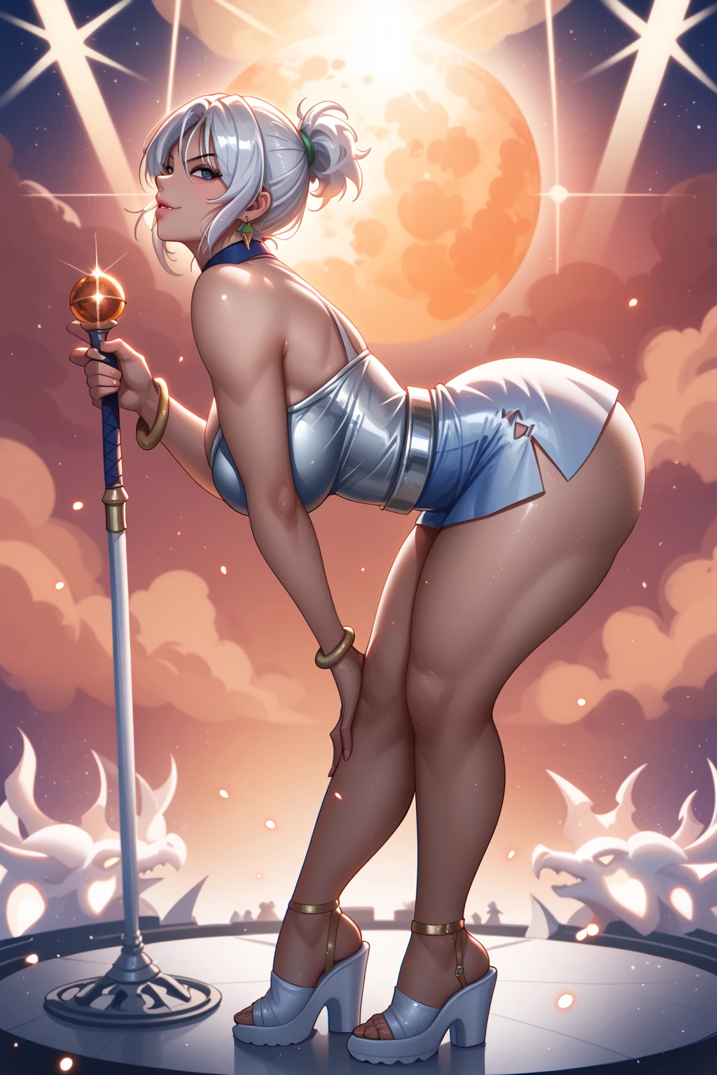 ((fantasy art)), extreme sensuality, stunning shadows, expertly detailed, epic, powerful and deep. An incredibly beautiful, hot and deeply sexy woman has her torso completely slumped forward, her beautiful, naked breasts are hanging and swaying, she is facing us leaning forward and her legs are open. Her hips are wide and sexy, her facial expression is one of sexual pleasure, her hair is golden and curly. golden curls hair. She is wearing sexy lingerie and every inch of her body shines with sweat about to run down her body. Her body is incredibly sensual, seductive, beautiful and she is wearing lingerie. She is very sexually excited, she is topless, her breasts are gigantic and her nipples are incredibly big and horny. She has piercings and jewelry on her big nipples. Her silver hair is very long and straight. Full body, full body. She is facing forward, leaning forward, her hips are wide. ((best quality)), ((masterpiece)), (high resolution: 1.2), ((best quality)), ((masterpiece)), (high resolution: 1.2)