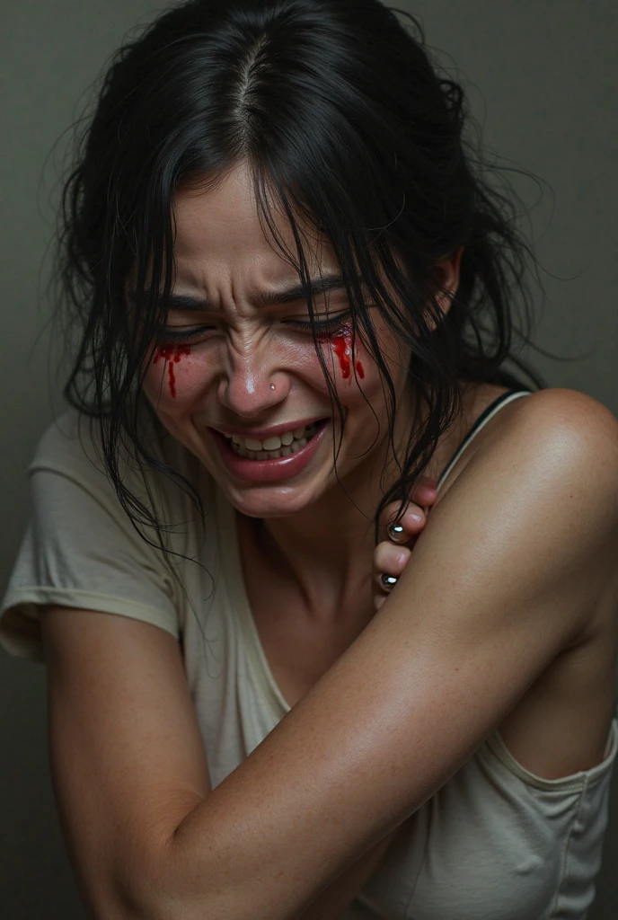 Young beautiful sweet Bogor city girl, 22 years old, tormented sweet babe, mixed descent from sundanese and Javanese, petit slim body, greek nose, sweaty neck short messy hairs with a bang, georgeus sweet face, very dense hairs under her stomach are visible, her hairy vagina are exposed, very realistic, very detail, no cartoon, normal all fingers shape, wearing white lacy panty, wearing white bra, half naked, semi nude, office girl, shy and humble girl, standing open wide legs being having d, she being has investigation, full painful tormented redish grimacing face, wet and crying eyes, no smile, raised head, not smile, get very hard electrical punishment, electrical wires inserted into her anus visible, open wide mouth in pain to feel very high voltage electrocuted hurt in her anus, deathly in pain face, all her office clothes lying on the floor, front-side view,