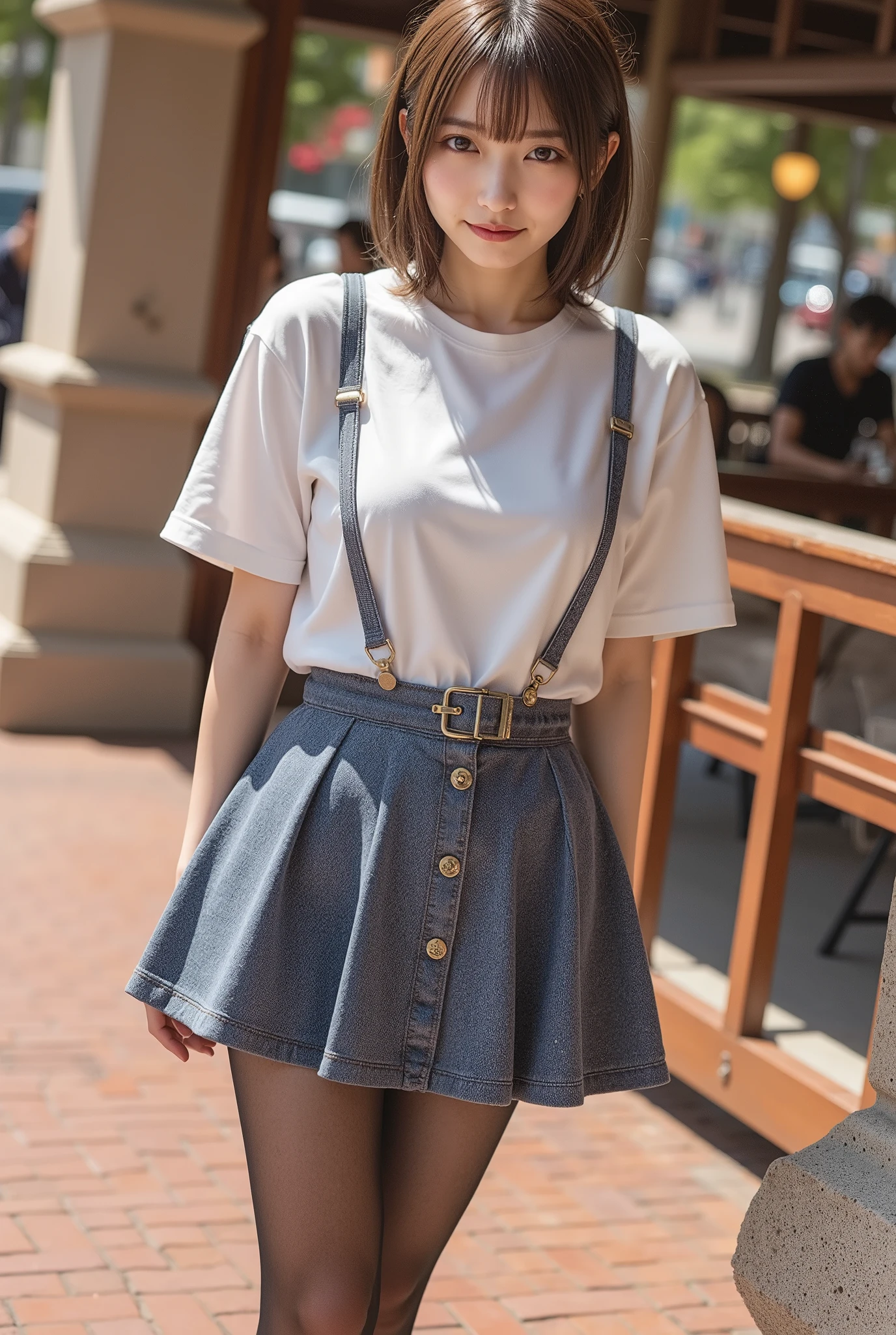 Young white small girl with violet hair, short_height, small_frame, cute_clothes, low_cut_blouse, showing_cleavagr, defined_thin_body, huge_breasts, park, cute, detailed, hd, 4k, perfect_face, detailed_anatomy, perfect_body, full_body