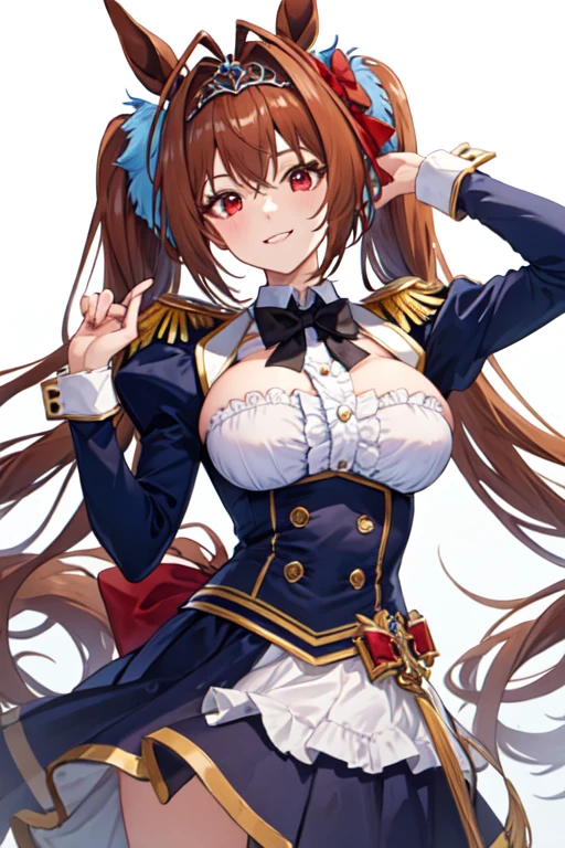 daiwa scarlet, brown hair, white background, open mouth, frills, long sleeves, fang, animal ears, hair intakes, tiara, puffy sleeves, very long hair, long hair, 1girl, hands on hips, twintails, solo, looking at viewer, large breasts, underbust, bow, horse girl, garter straps, red eyes, epaulettes, horse ears, framed breasts, simple background, skirt, juliet sleeves