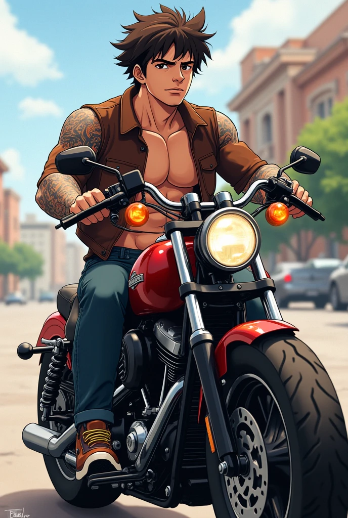 Create a muscular blond man with green eyes on top of a motorcycle with turquoise blue details in cartoon grafic