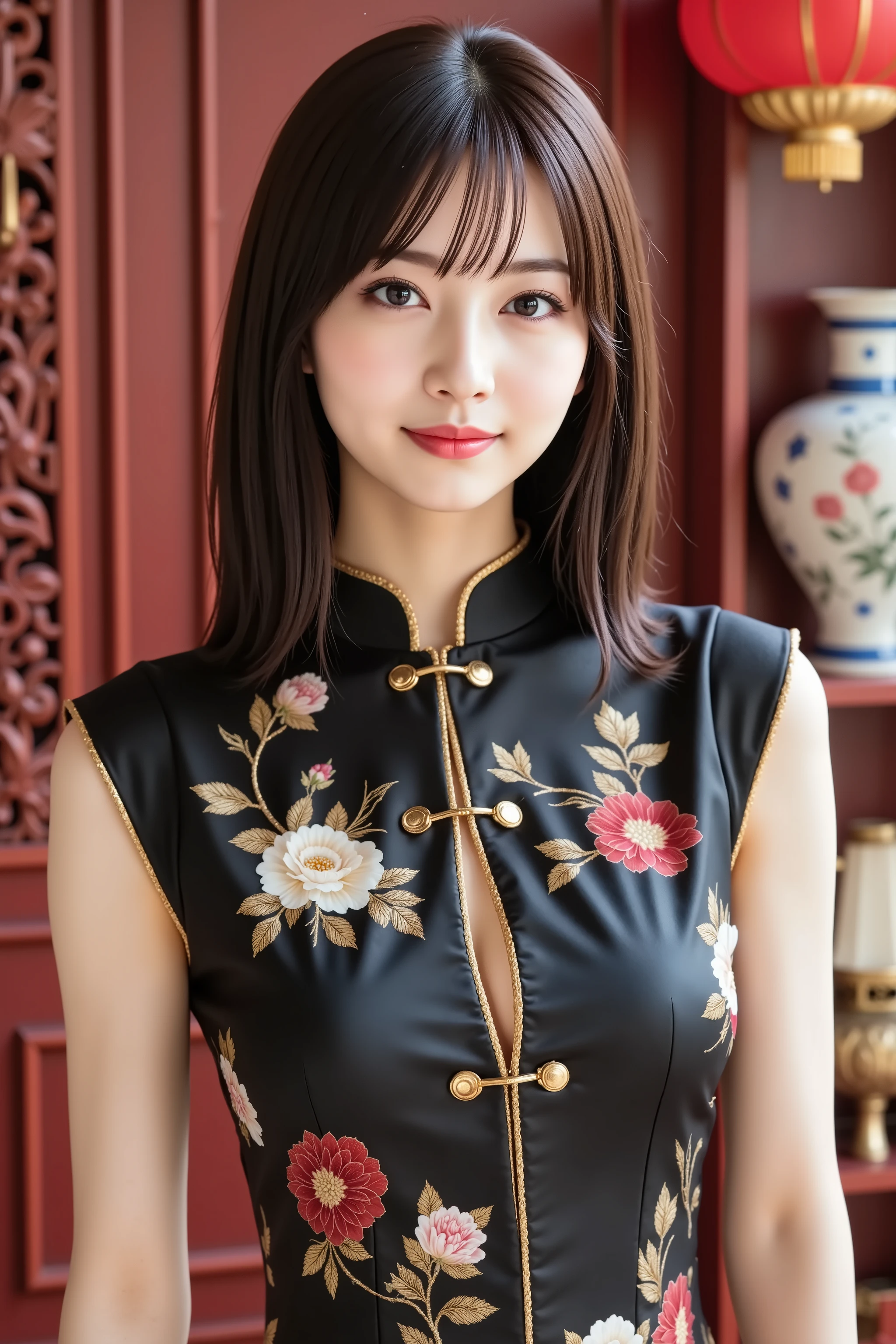 firm and big breasts, cleavage, A realistic photographic composition framed from just below the shoulder of a female subject wearing a traditional Chinese qipao upper garment, ensuring her entire head is fully visible within the frame without any cropping at the top. She wears a fitted sleeveless cheongsam bodice crafted from glossy black silk satin, featuring a high mandarin collar edged in gold braid, five gold frog closures with round button knots at the front neck, and cap sleeves revealing the contour of the shoulder. The cheongsam is tailored through the bust to lift and compress her full, firm breasts into a dramatic deep cleavage line framed by underbust seam lines and princess seams, the silk material stretched taut across rounded curves just below the shoulder to emphasize tension folds and specular highlights along the cleavage. Precision darts and seam shaping create a built-in corset effect that accentuates her ample décolletage and maximizes the sculpted appearance of her bust. The fabric displays intricate hand-embroidered peony and chrysanthemum motifs in metallic gold and deep crimson silk threads, swirling elegantly across the bust and down the torso, with subtle tonal sheen variations and fine satin weave texture visible under close scrutiny. The cheongsam contours naturally just below the shoulder, forming gentle tension creases along the princess seams and precise flat-locked stitching at the side panels. Behind her, the background reveals a richly appointed Chinese interior scene: red lacquered wooden panels carved with Taoist cloud patterns, hanging red silk lanterns with gold tassels casting warm diffuse light, a carved rosewood altar table supporting a pair of porcelain baluster vases decorated in blue and white underglaze florals filled with delicate plum blossom branches, a lacquered display shelf holding cinnabar lacquer boxes and brass incense burners emitting soft curls of smoke, and a silk brocade scroll mounted on the lacquered wall d