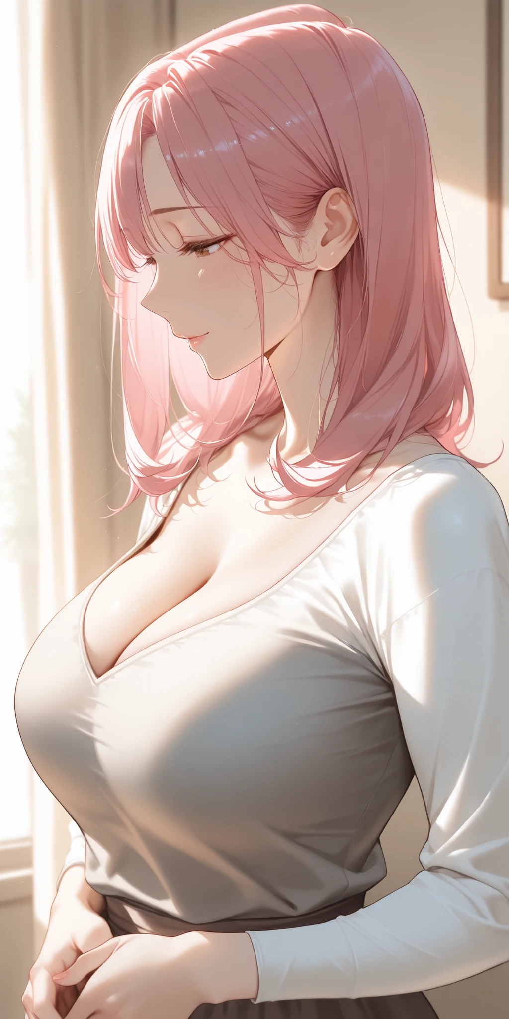 mature female, housewife, pink hair, medium hair, straight hair, long sleeve shirt, cleavage, milf, soft light, high detailed, best quality, upper body