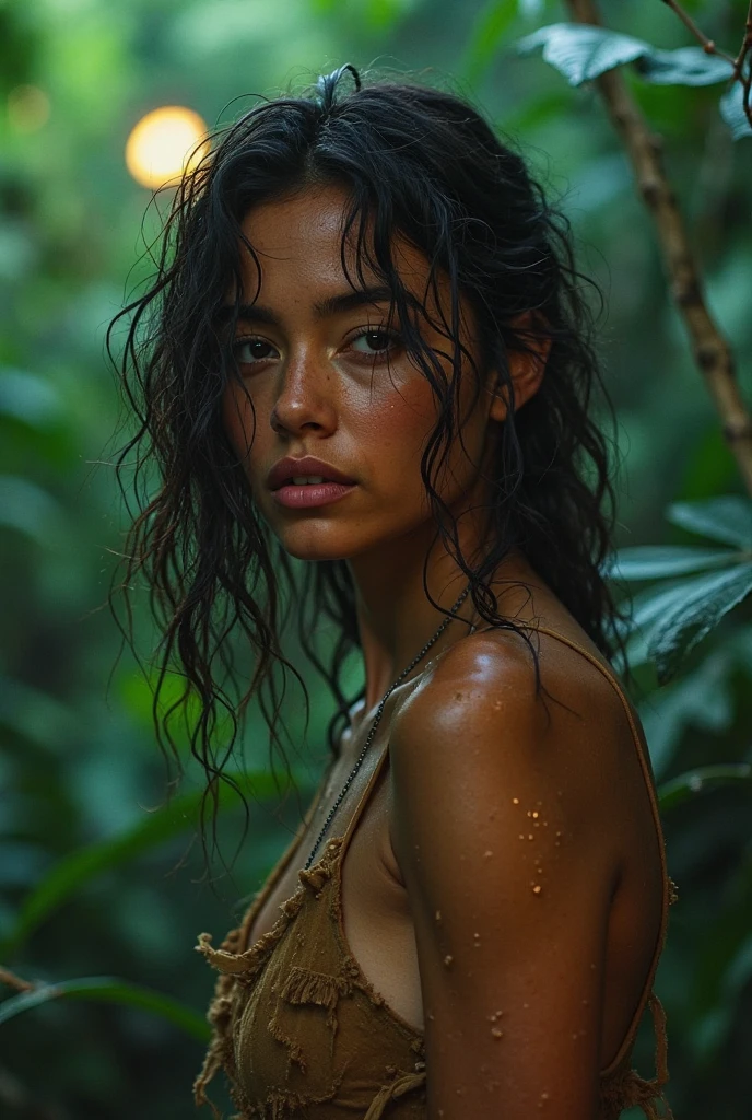 portrait close-up of a face of a brazilian woman, 38 years old. sunburnt ebony skin, (Wet and dripping hair, curly hair), wavy at the height of the back, jade eyes, fluffy turned, ((big cheeks)), bathing in the natural, in a deep river and transparent waters, [[only with the head and neck out of the water]], between reeds, (backlit), realistic, masterpiece, high quality, brightness, shadow, flower, [[chromatic aberration]], by Jeremy Lipking, by Antonio J. Manzanedo, digital painting, Brazilian, 8k uhd, forest, river, wood, smoke, shadows, contrast, clear sky, looking_at_viewer, (warm hue, warm tone)