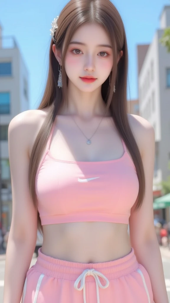 ((Realistic lighting, Best quality, 8K, Masterpiece: 1.3)), Clear focus: 1.2, 1 girl, Perfect Figure: 1.4, Slim Abs: 1.1, See through, tight clothing, ((Japanese)), (panties: 1.4), (Pink crop top: 1.4), (Outdoor, Night: 1.1), City streets, Super fine face, Fine eyes, Double eyelids,