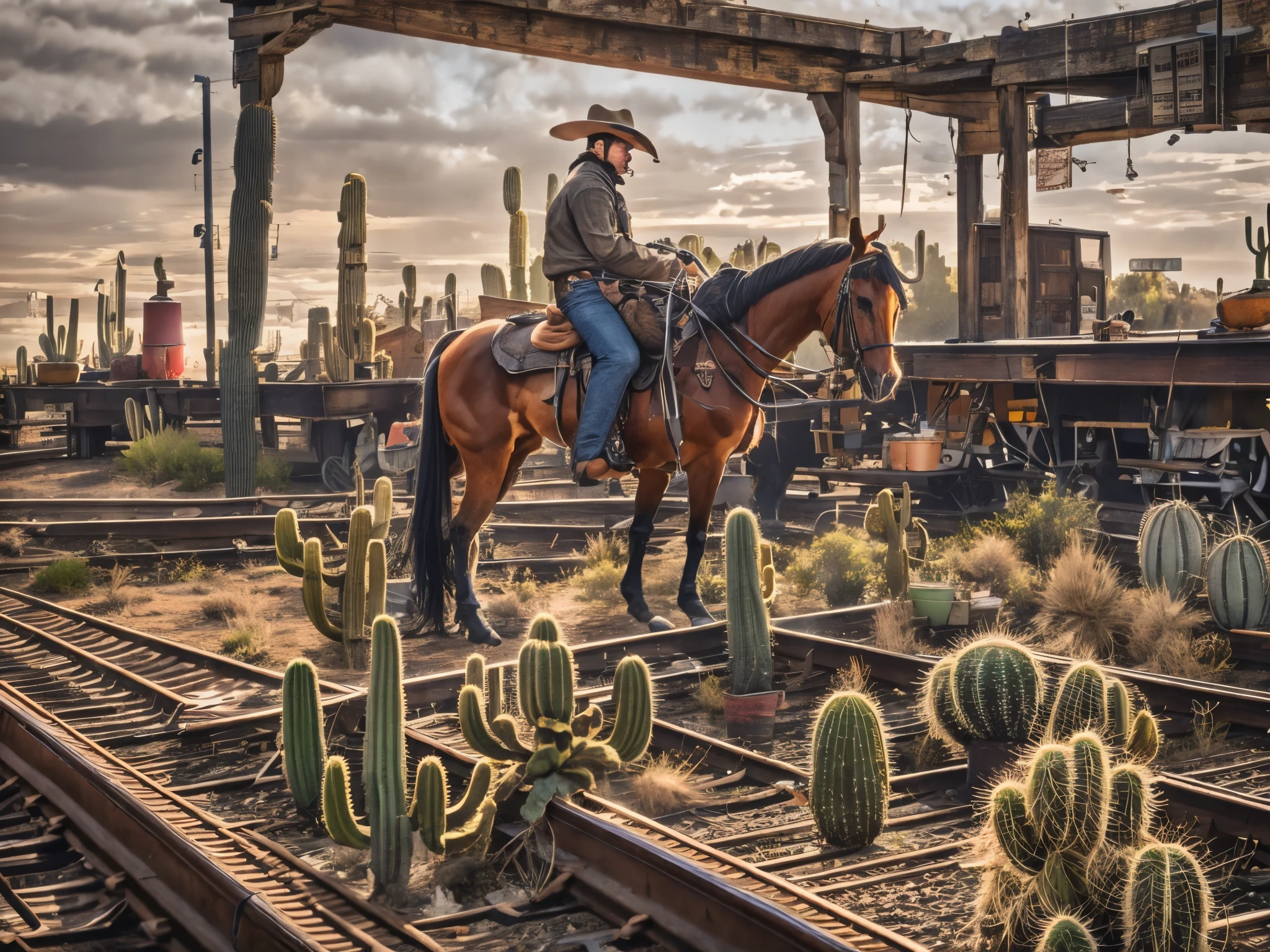 cowboy,horse riding,Abandoned railway,cactus,Western Bar, Clear details ,realistic style,4k HD,HDR Effect,professional photography,Rich texture,realistic color,soft light