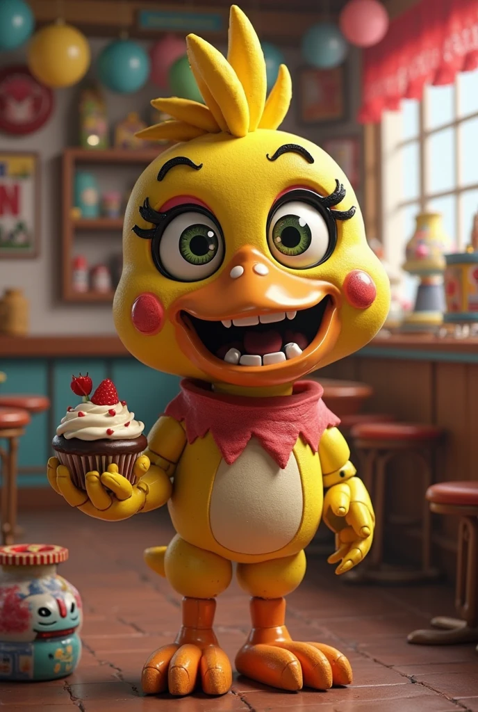 Adorable animatronic chicken girl toy from Five Nights at Freddy&#39;s in a bikini with a sexy skinny body in the scary pizzeria with a burger bigger than her mouth and she has it in her hands and she chews it then eats it and her belly grows to the size of a woman pregnant with 3 babies 