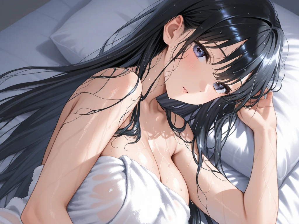shibamiyuki shiba miyuki (azure eyes:1.7), long black hair, (ample chest:1.2), raised arms, mouth open, gasping BREAK collarbone, very short and low-cut ripped negligee with frills, bare arms, bare shoulders, bare legs, tied wrists, white panties BREAK looking at viewer, BREAK indoors, BREAK (masterpiece:1.2), best quality, high resolution, unity 8k wallpaper, lying on bed with arms up (illustration:0.8), (beautiful detailed eyes:1.6), extremely detailed face, perfect lighting, extremely detailed CG, (perfect hands, perfect anatomy),
